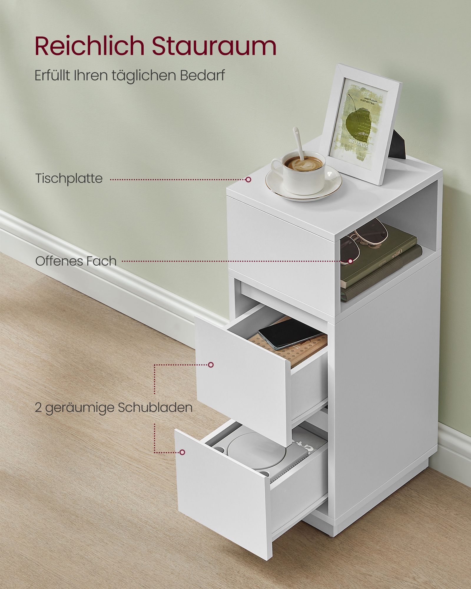 Siauri naktiniai staliukai, 2 dalių komplektas su stalčiais, baltos spalvos 4 Siauri naktiniai staliukai, 2 dalių komplektas su stalčiais, baltos spalvos 4