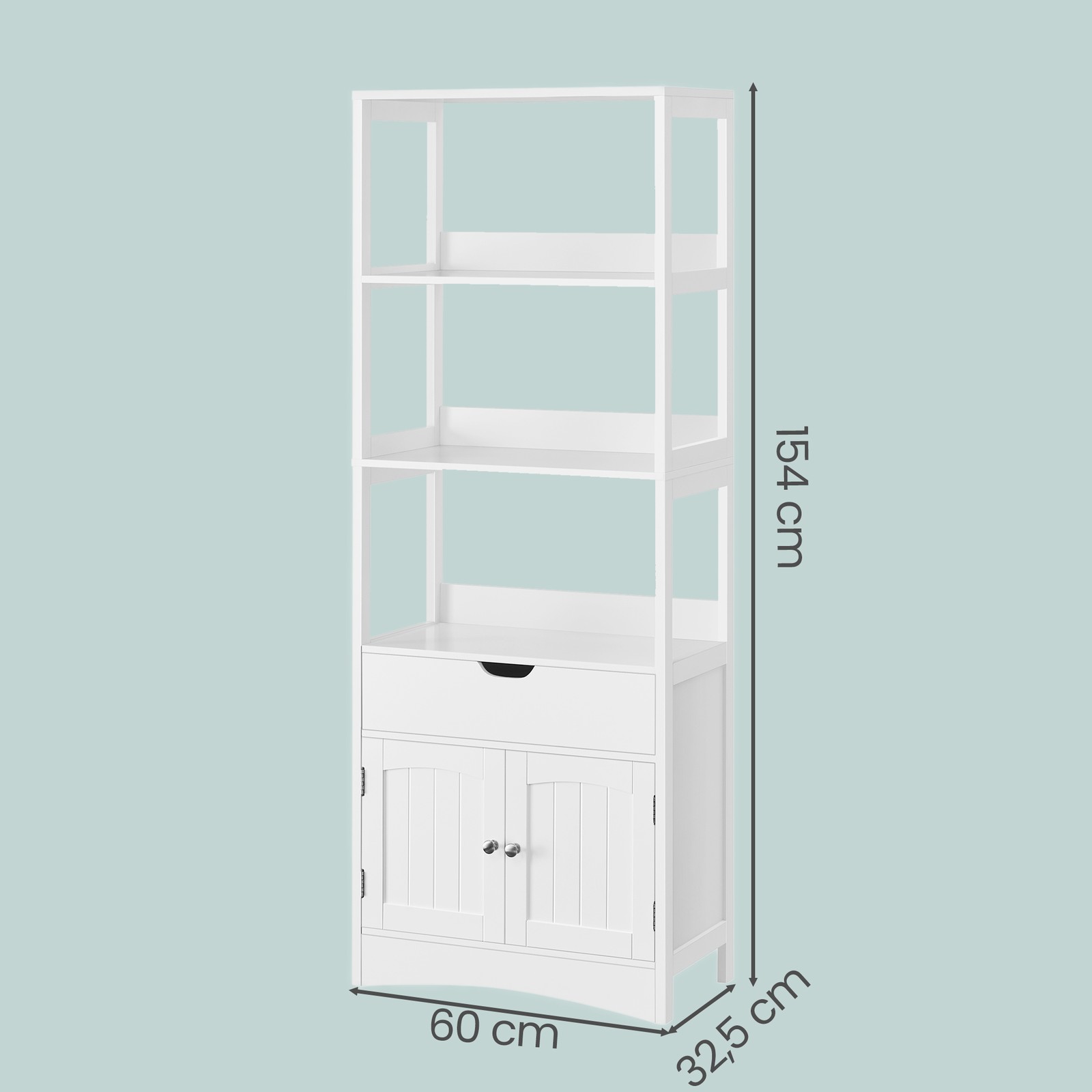 Pastatoma vonios spintelė su lentynomis ir durelėmis, balta, 60 x 154 cm 3 Pastatoma vonios spintelė su lentynomis ir durelėmis, balta, 60 x 154 cm 3