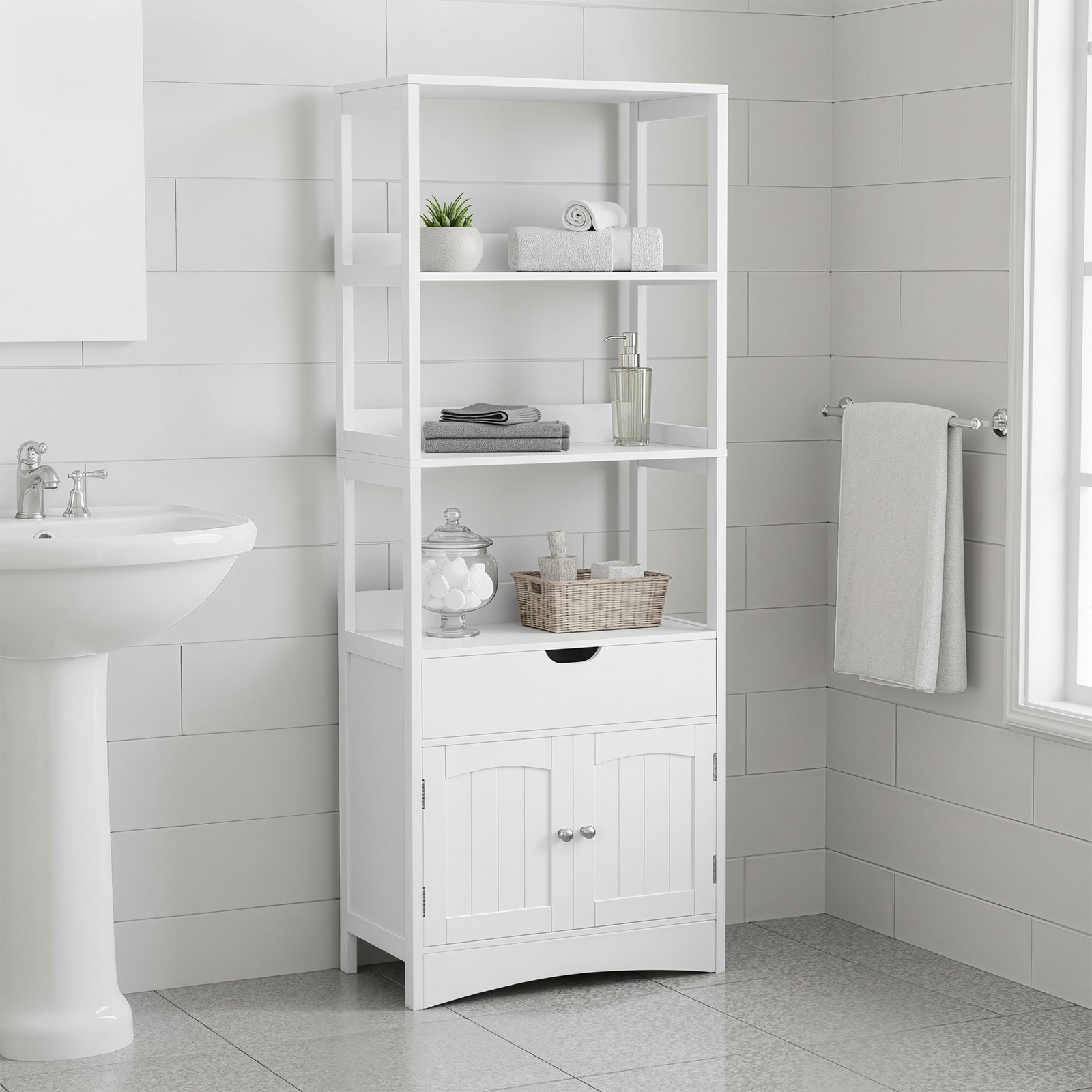 Pastatoma vonios spintelė su lentynomis ir durelėmis, balta, 60 x 154 cm 4 Pastatoma vonios spintelė su lentynomis ir durelėmis, balta, 60 x 154 cm 4