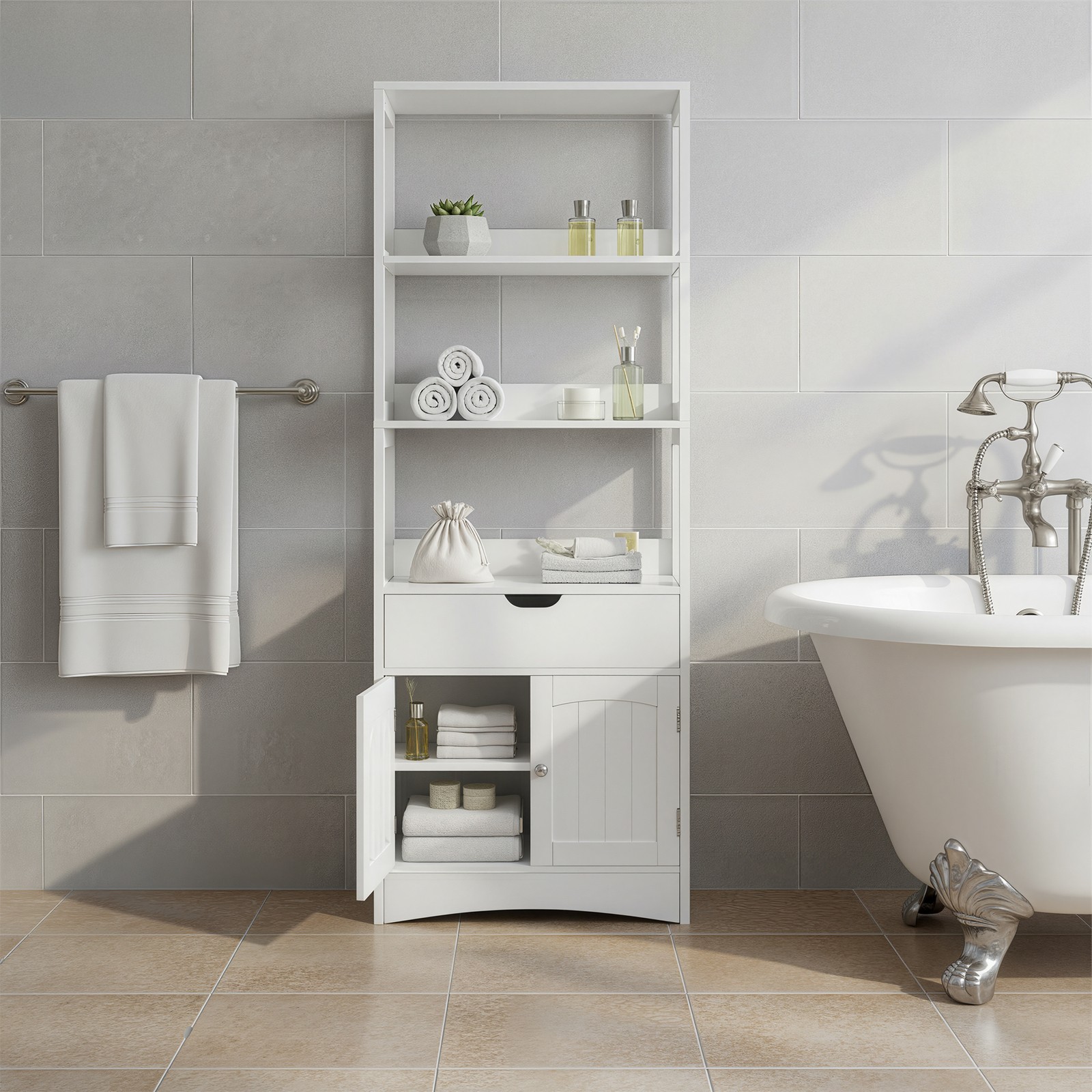 Pastatoma vonios spintelė su lentynomis ir durelėmis, balta, 60 x 154 cm 5 Pastatoma vonios spintelė su lentynomis ir durelėmis, balta, 60 x 154 cm 5