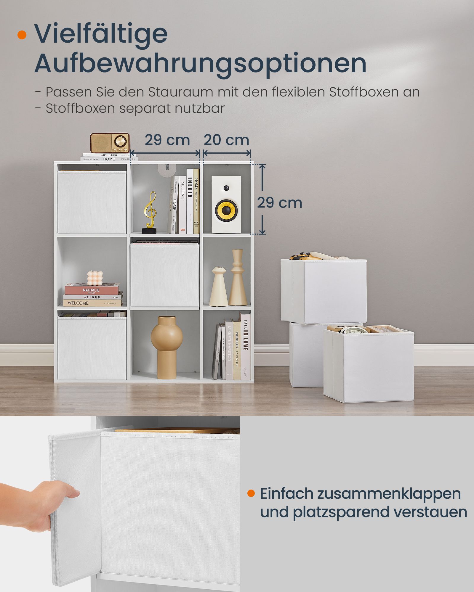 9 skyrių pastatoma knygų lentyna, balta, su neaustinio audinio dėžėmis 6 9 skyrių pastatoma knygų lentyna, balta, su neaustinio audinio dėžėmis 6