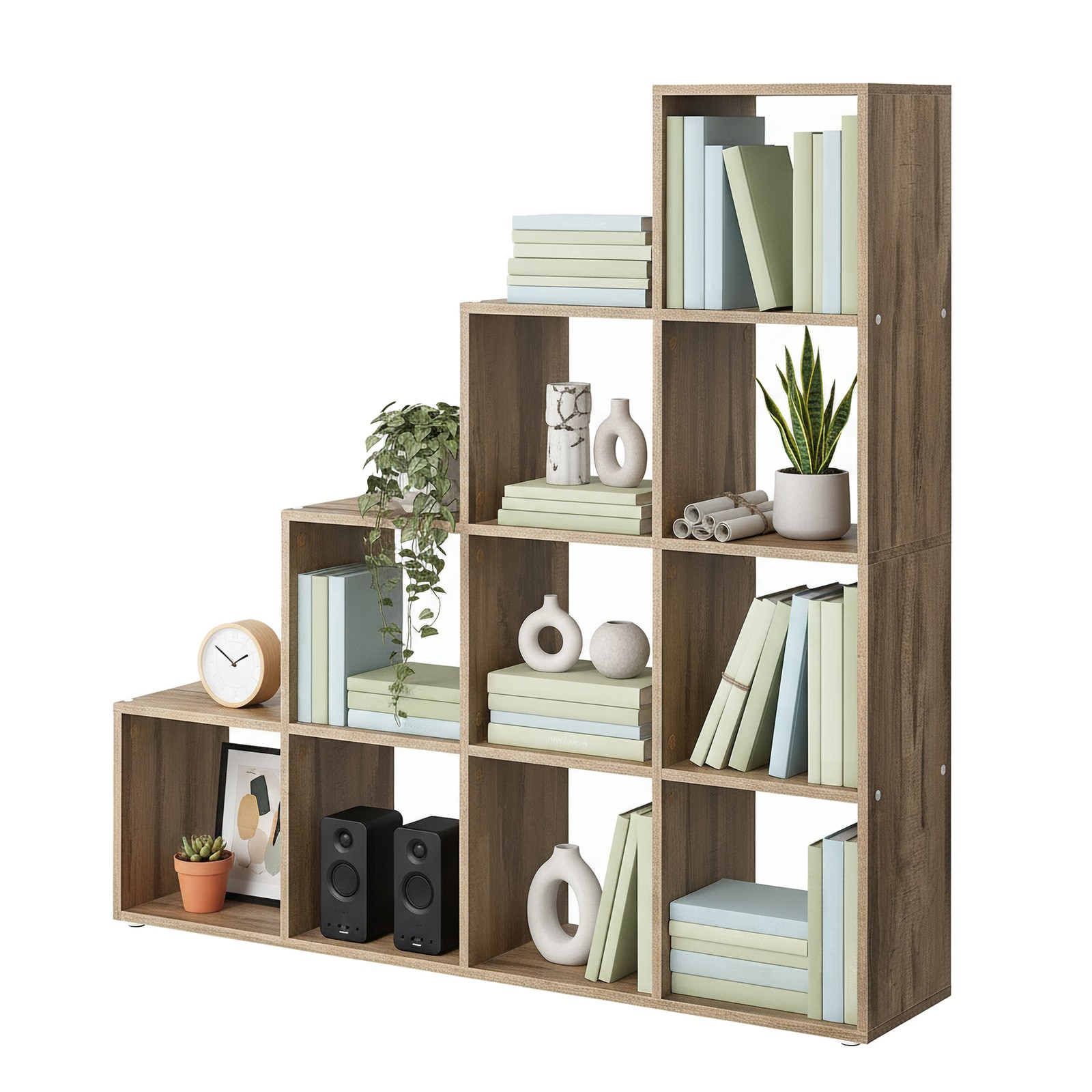 Laiptuota knygų lentyna su atvirais skyriais, rustic ruda 2 Laiptuota knygų lentyna su atvirais skyriais, rustic ruda 2