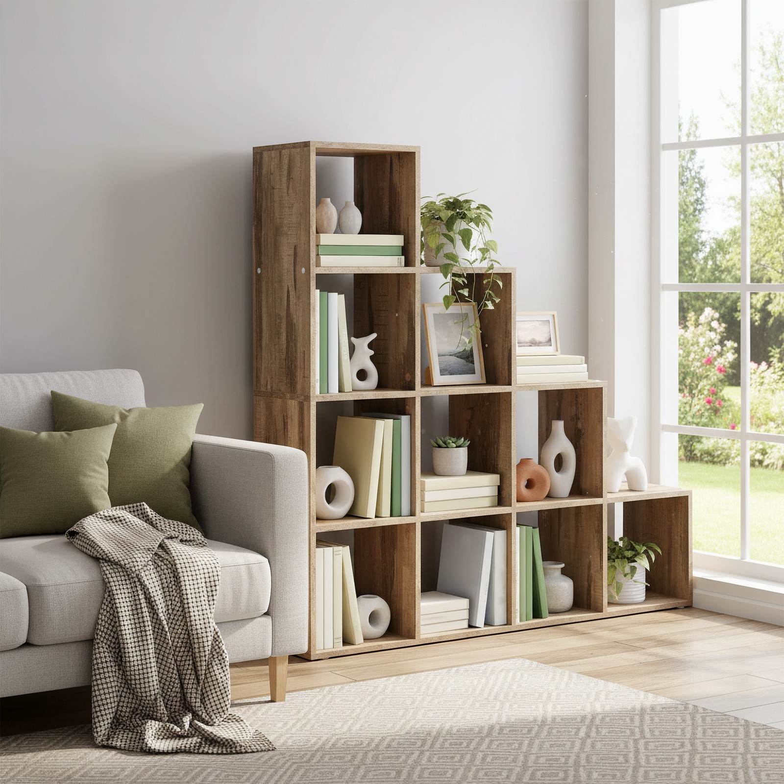 Laiptuota knygų lentyna su atvirais skyriais, rustic ruda 3 Laiptuota knygų lentyna su atvirais skyriais, rustic ruda 3