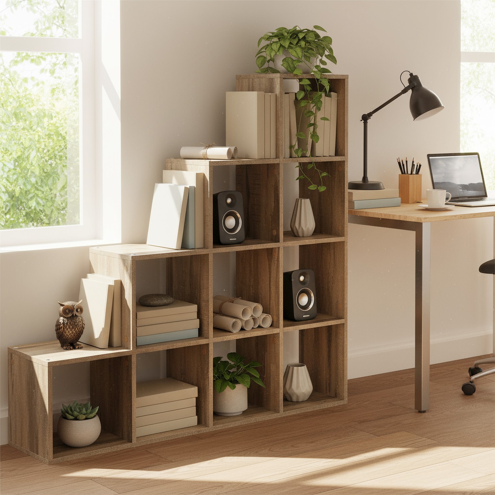 Laiptuota knygų lentyna su atvirais skyriais, rustic ruda 4 Laiptuota knygų lentyna su atvirais skyriais, rustic ruda 4