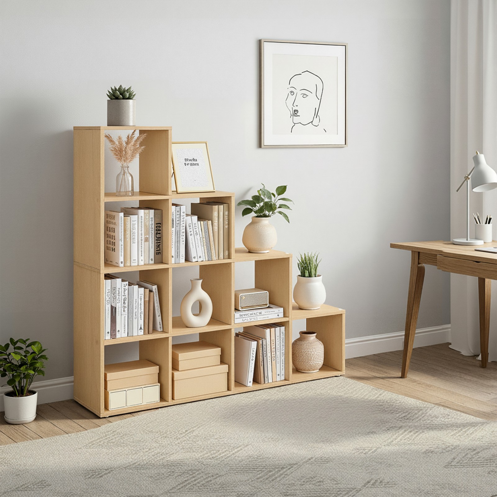 Laiptuota knygų lentyna su atvirais skyriais, šviesiai ruda 5 Laiptuota knygų lentyna su atvirais skyriais, šviesiai ruda 5