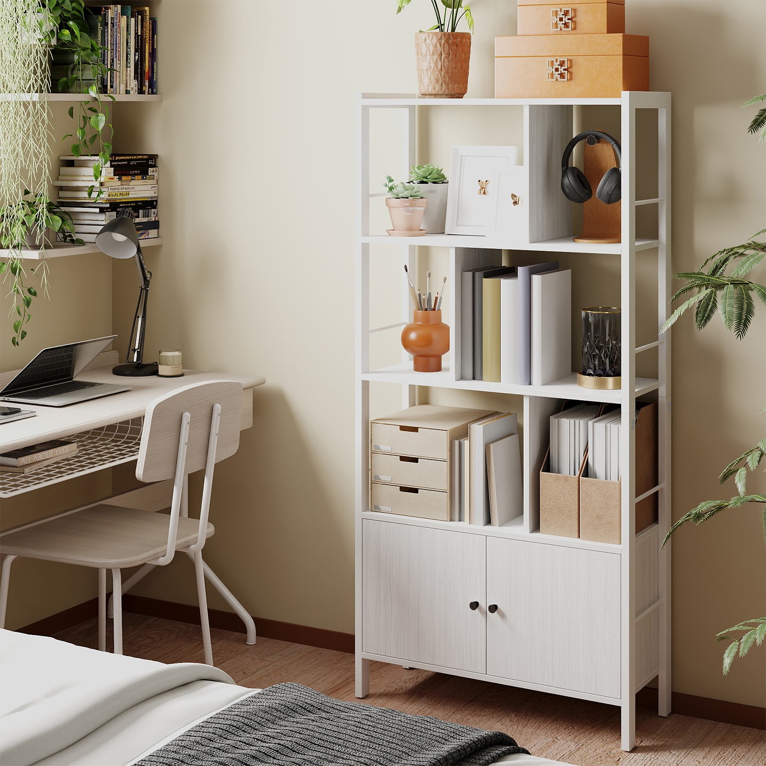 Moderni knygų spintelė su 4 atviromis lentynomis ir 2 durelėmis, balta 2 Moderni knygų spintelė su 4 atviromis lentynomis ir 2 durelėmis, balta 2