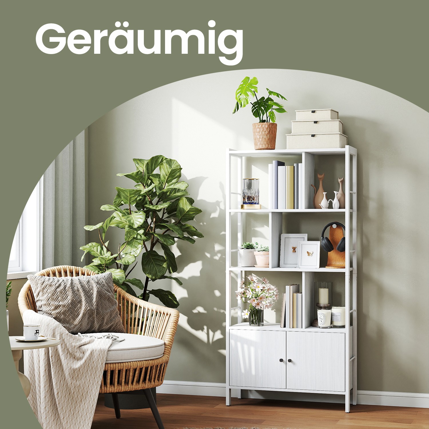 Moderni knygų spintelė su 4 atviromis lentynomis ir 2 durelėmis, balta 4 Moderni knygų spintelė su 4 atviromis lentynomis ir 2 durelėmis, balta 4