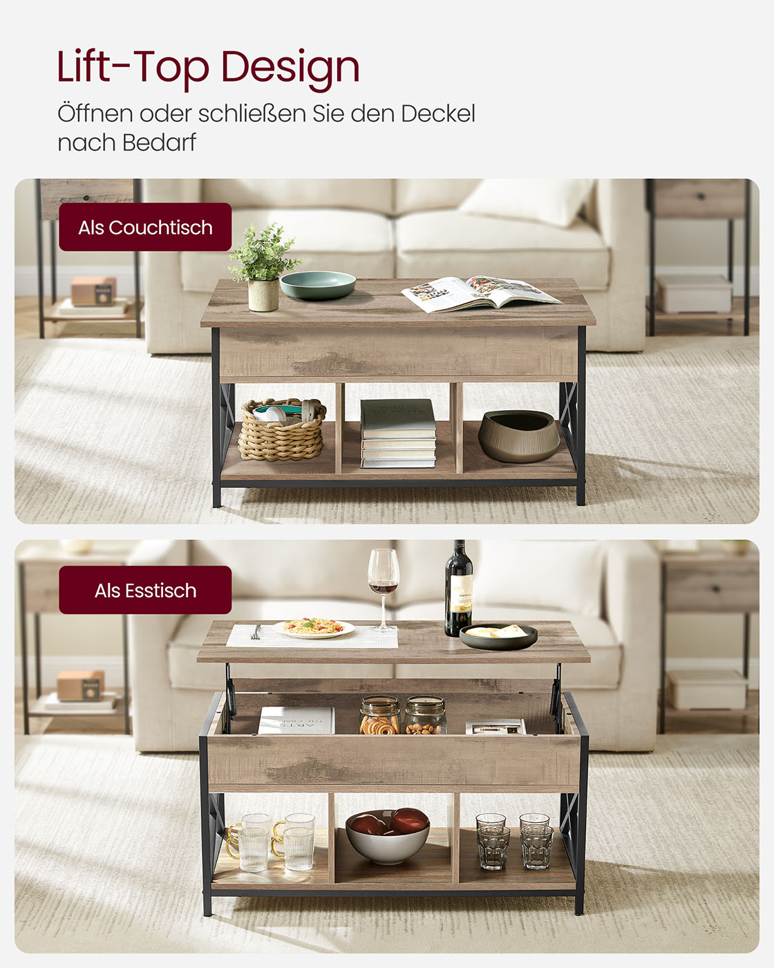 Kavos staliukas pakeliamu stalviršiu ir atviromis lentynomis, šviesiai rudas 3 Kavos staliukas pakeliamu stalviršiu ir atviromis lentynomis, šviesiai rudas 3