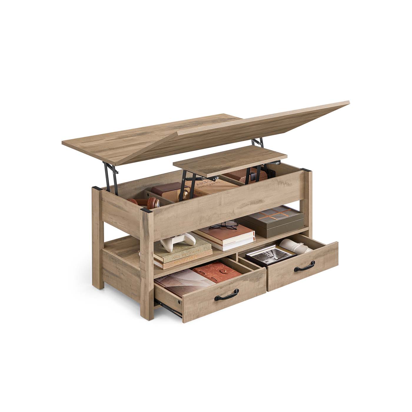 Reguliuojamo aukščio kavos staliukas su stalčiais ir skyriais, šviesios medienos spalvos Reguliuojamo aukščio kavos staliukas su stalčiais ir skyriais, šviesios medienos spalvos