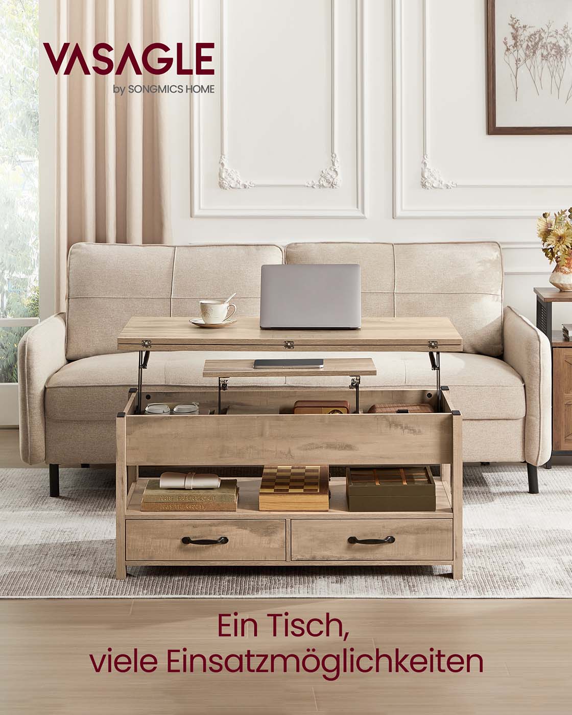 Reguliuojamo aukščio kavos staliukas su stalčiais ir skyriais, šviesios medienos spalvos 2 Reguliuojamo aukščio kavos staliukas su stalčiais ir skyriais, šviesios medienos spalvos 2