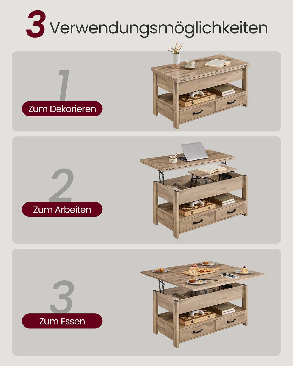 Reguliuojamo aukščio kavos staliukas su stalčiais ir skyriais, šviesios medienos spalvos 3 Reguliuojamo aukščio kavos staliukas su stalčiais ir skyriais, šviesios medienos spalvos 3