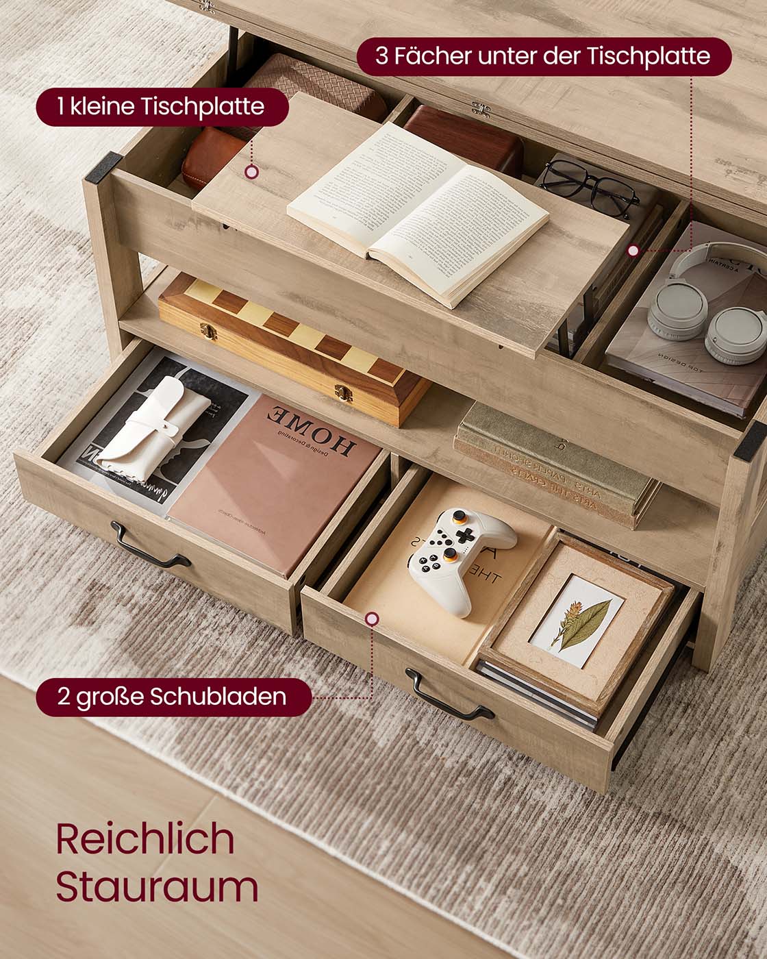 Reguliuojamo aukščio kavos staliukas su stalčiais ir skyriais, šviesios medienos spalvos 4 Reguliuojamo aukščio kavos staliukas su stalčiais ir skyriais, šviesios medienos spalvos 4