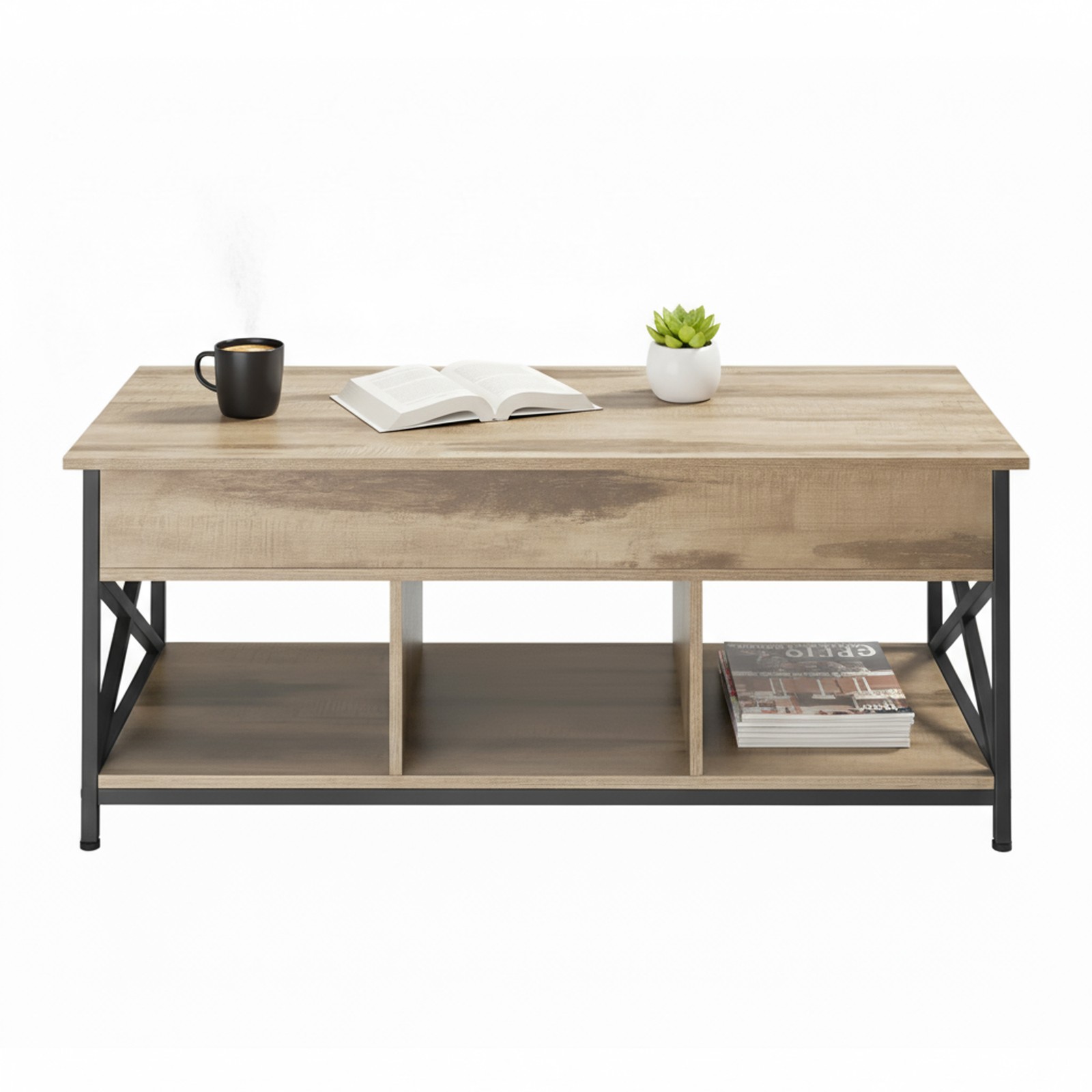 Reguliuojamo aukščio kavos staliukas su atvira ir paslėpta saugykla, rusvas 2 Reguliuojamo aukščio kavos staliukas su atvira ir paslėpta saugykla, rusvas 2