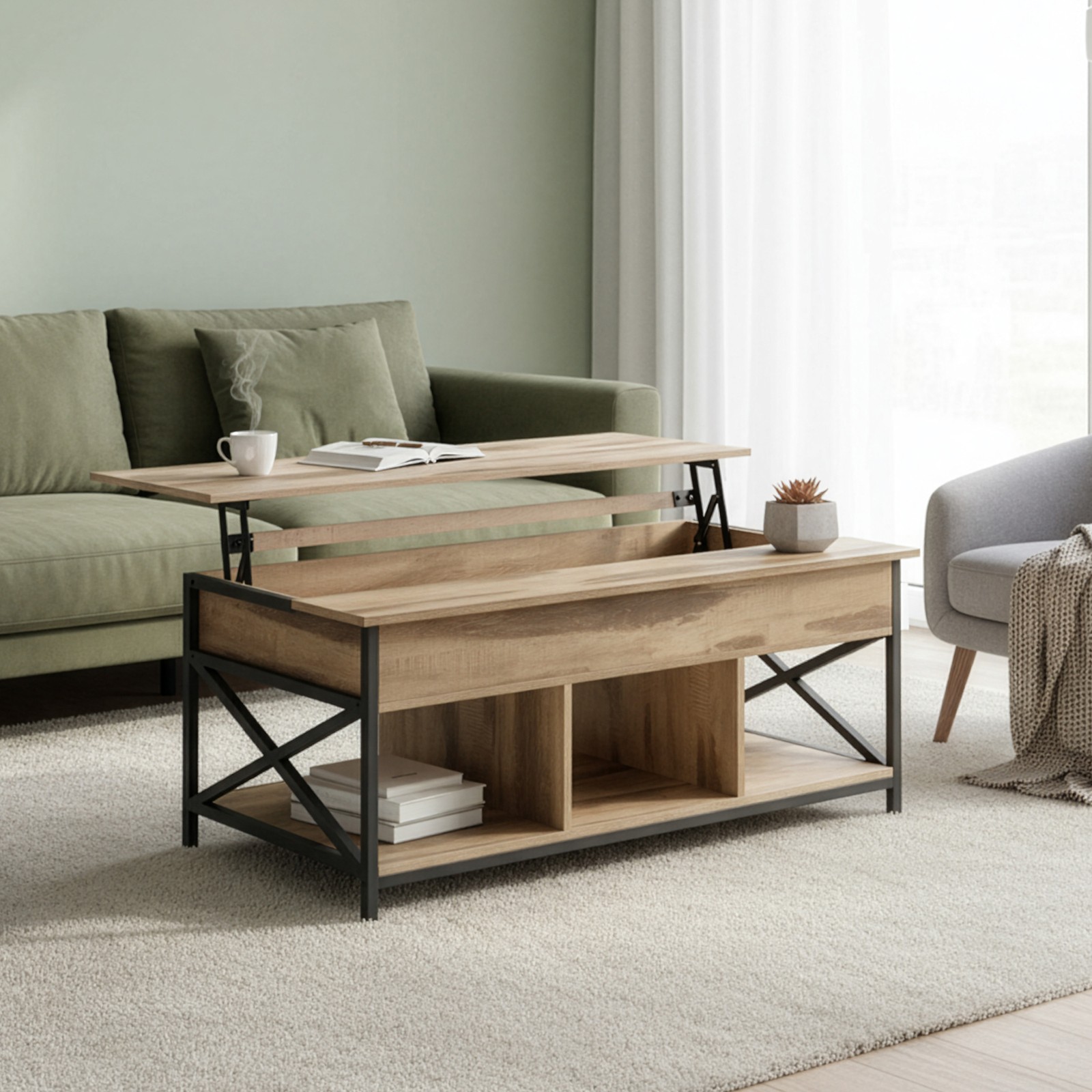 Reguliuojamo aukščio kavos staliukas su atvira ir paslėpta saugykla, rusvas 4 Reguliuojamo aukščio kavos staliukas su atvira ir paslėpta saugykla, rusvas 4