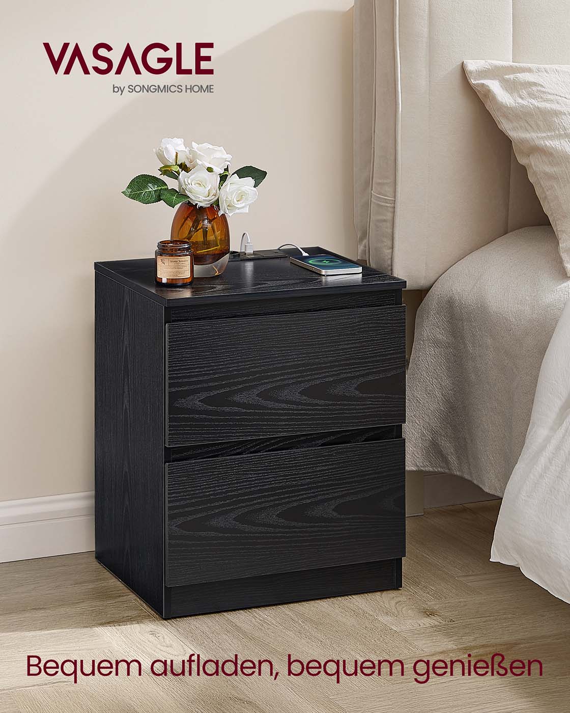 Naktinių staliukų komplektas, 2 vnt. su stalčiais, juodos spalvos 2 Naktinių staliukų komplektas, 2 vnt. su stalčiais, juodos spalvos 2