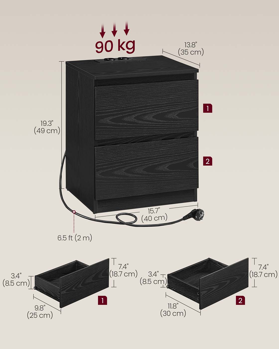 Naktinių staliukų komplektas, 2 vnt. su stalčiais, juodos spalvos 6 Naktinių staliukų komplektas, 2 vnt. su stalčiais, juodos spalvos 6
