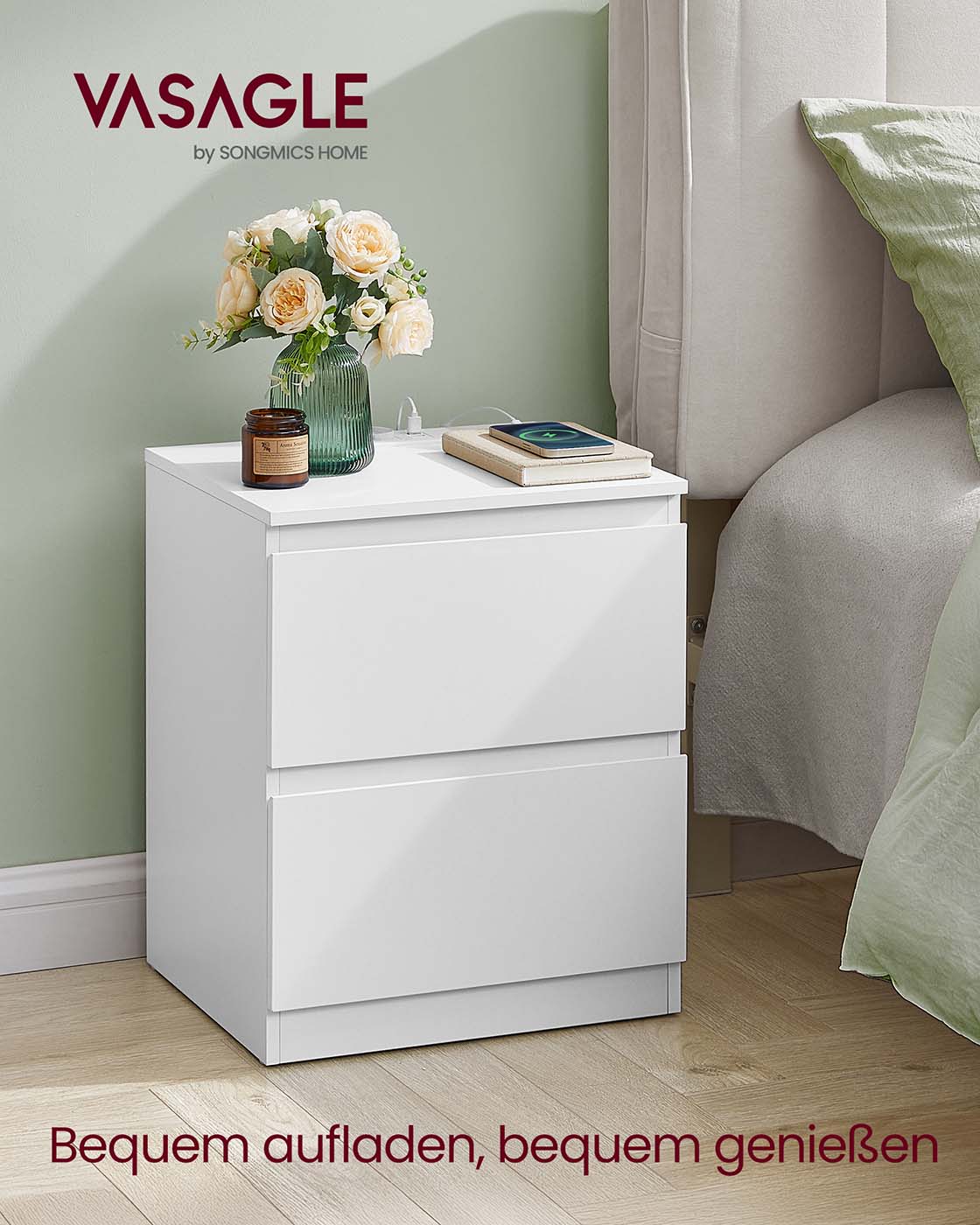 Naktinių staliukų komplektas, 2 vnt. su stalčiais, baltos spalvos 2 Naktinių staliukų komplektas, 2 vnt. su stalčiais, baltos spalvos 2