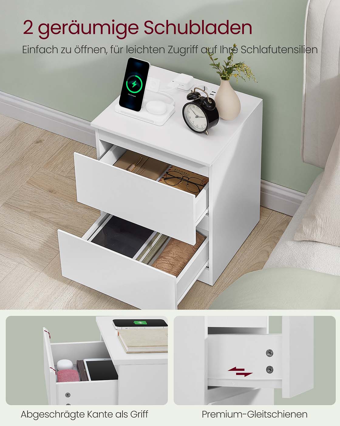 Naktinių staliukų komplektas, 2 vnt. su stalčiais, baltos spalvos 4 Naktinių staliukų komplektas, 2 vnt. su stalčiais, baltos spalvos 4