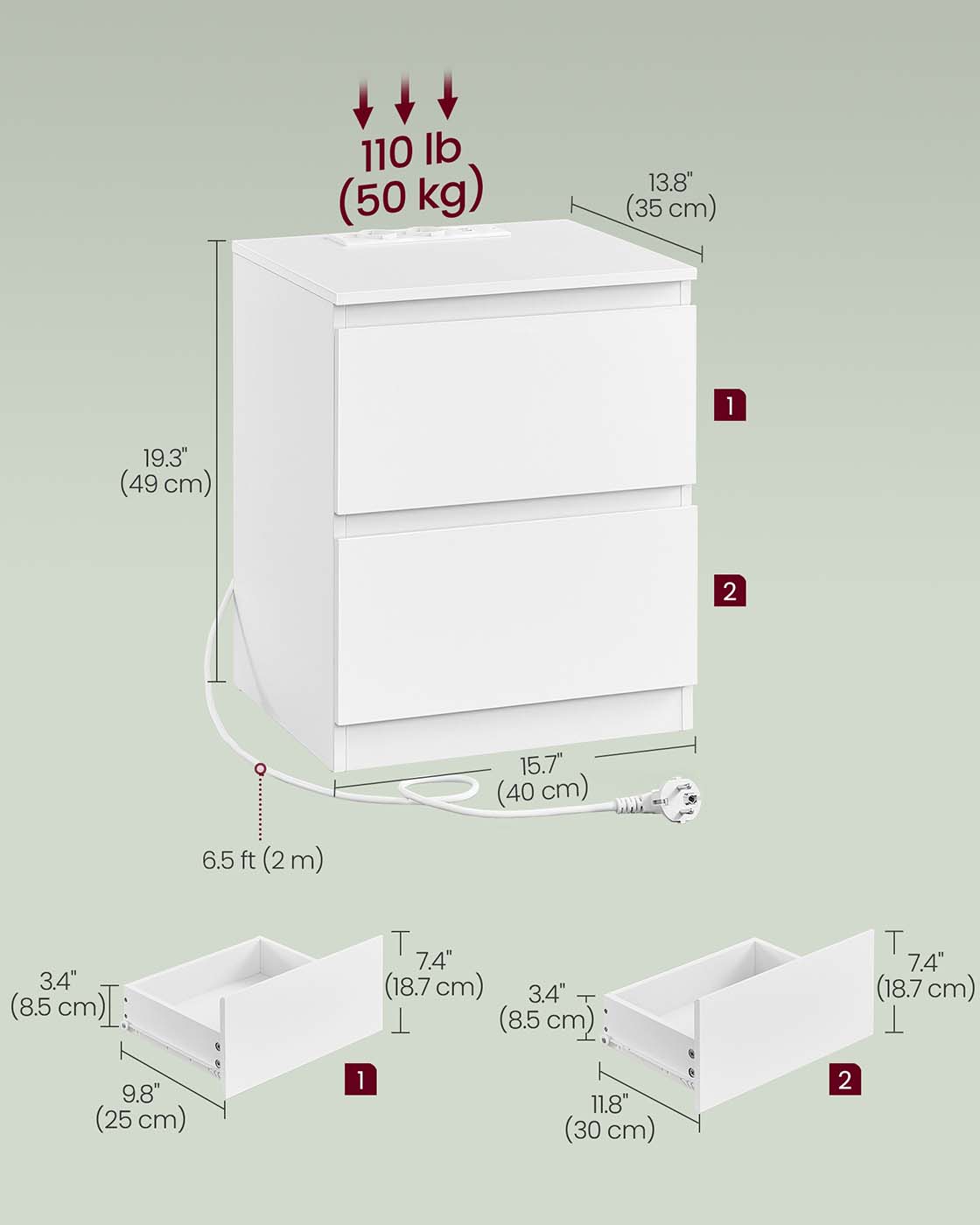 Naktinių staliukų komplektas, 2 vnt. su stalčiais, baltos spalvos 6 Naktinių staliukų komplektas, 2 vnt. su stalčiais, baltos spalvos 6