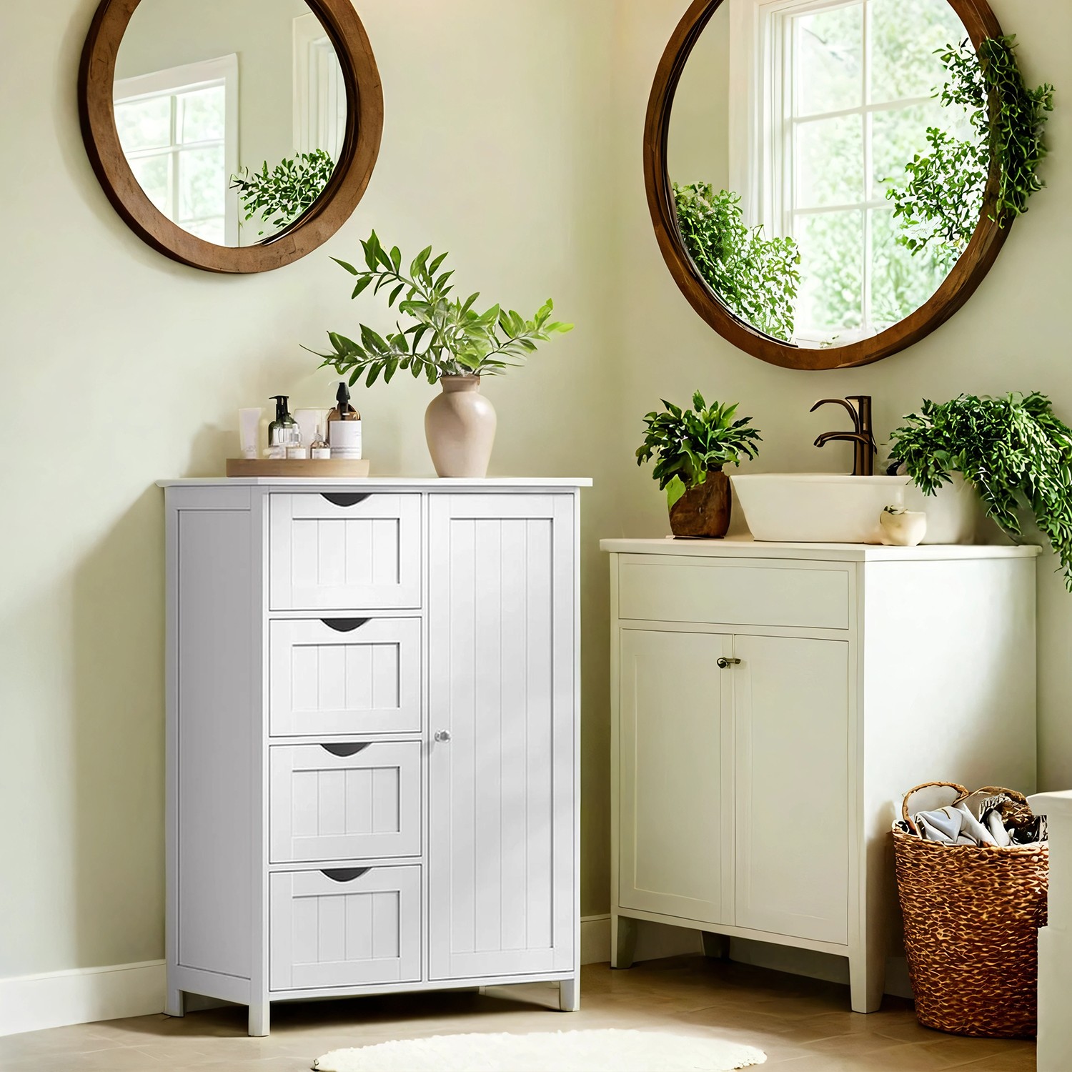 Klasikinė balta vonios spintelė su 4 stalčiais ir durelėmis Klasikinė balta vonios spintelė su 4 stalčiais ir durelėmis