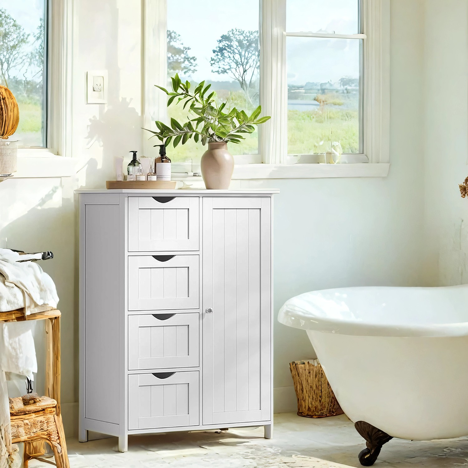 Klasikinė balta vonios spintelė su 4 stalčiais ir durelėmis 2 Klasikinė balta vonios spintelė su 4 stalčiais ir durelėmis 2