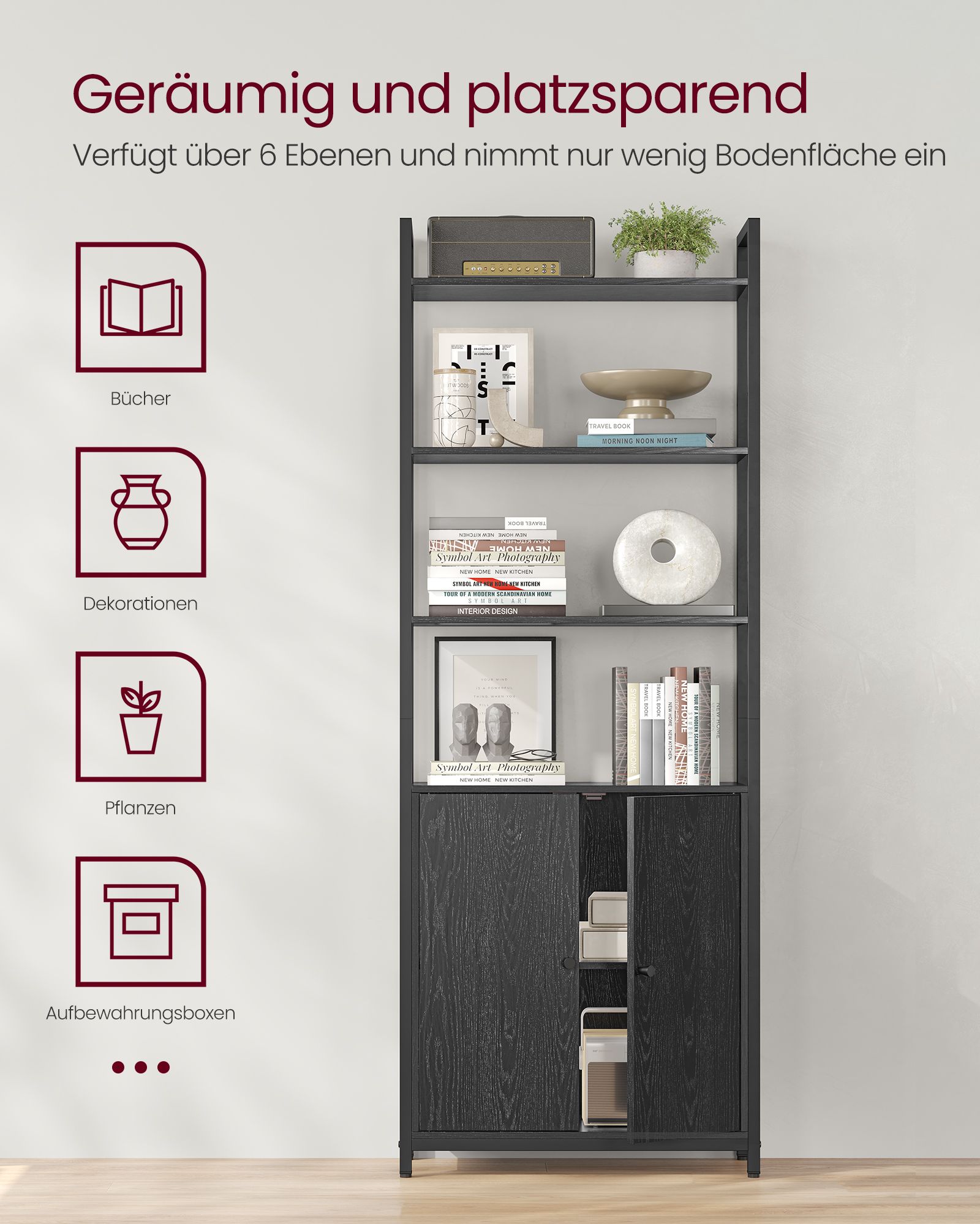 Pastatoma juoda knygų lentyna su durelėmis, 40 cm pločio 3 Pastatoma juoda knygų lentyna su durelėmis, 40 cm pločio 3