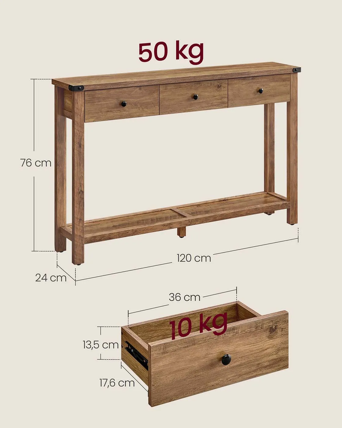 Konsolinis staliukas su 3 stalčiais, rudos spalvos, 120 cm Konsolinis staliukas su 3 stalčiais, rudos spalvos, 120 cm Konsoliniai staliukai