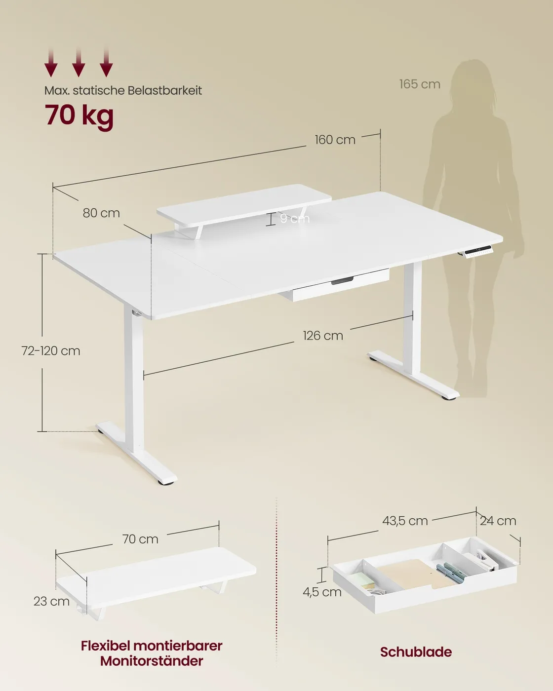 Elektrinis stalas su monitoriaus stovu ir stalčiumi, 160 × 80 cm, baltas Elektrinis stalas su monitoriaus stovu ir stalčiumi, 160 × 80 cm, baltas Biuras