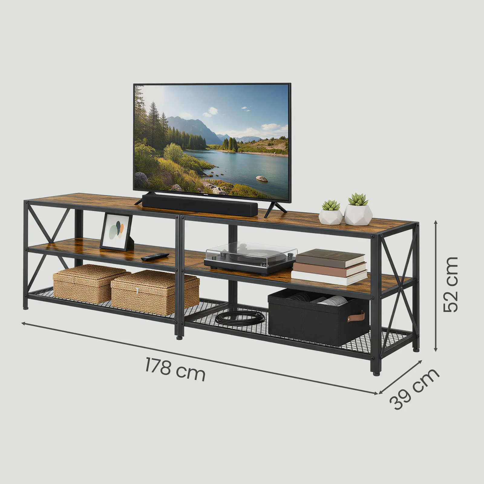 Žemas TV staliukas industrinis su atviromis lentynomis, 178 cm pločio Žemas TV staliukas industrinis su atviromis lentynomis, 178 cm pločio Akcija