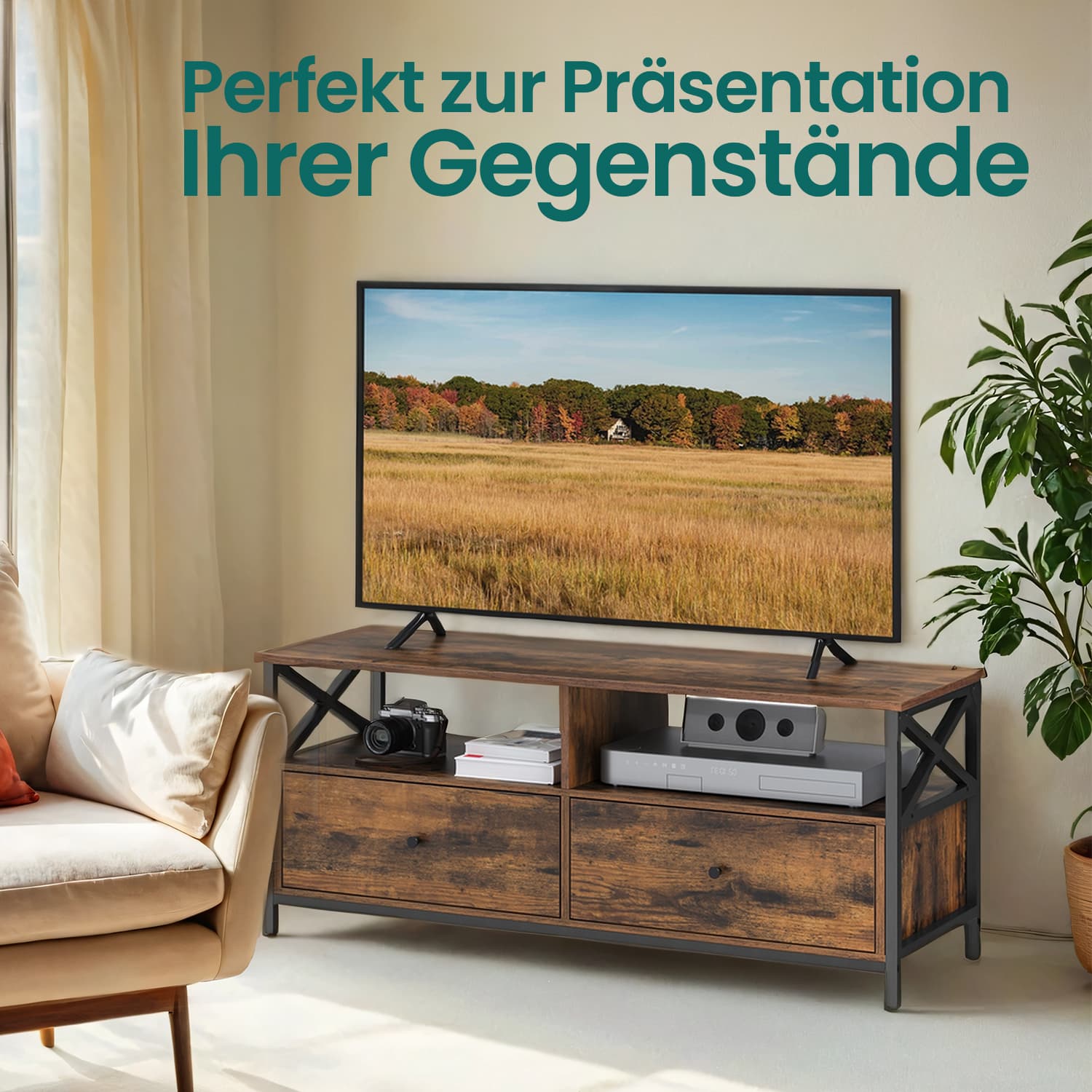 Televizoriaus staliukas 120 cm pločio, industrinio stiliaus, su stalčiais 3 Televizoriaus staliukas 120 cm pločio, industrinio stiliaus, su stalčiais 3