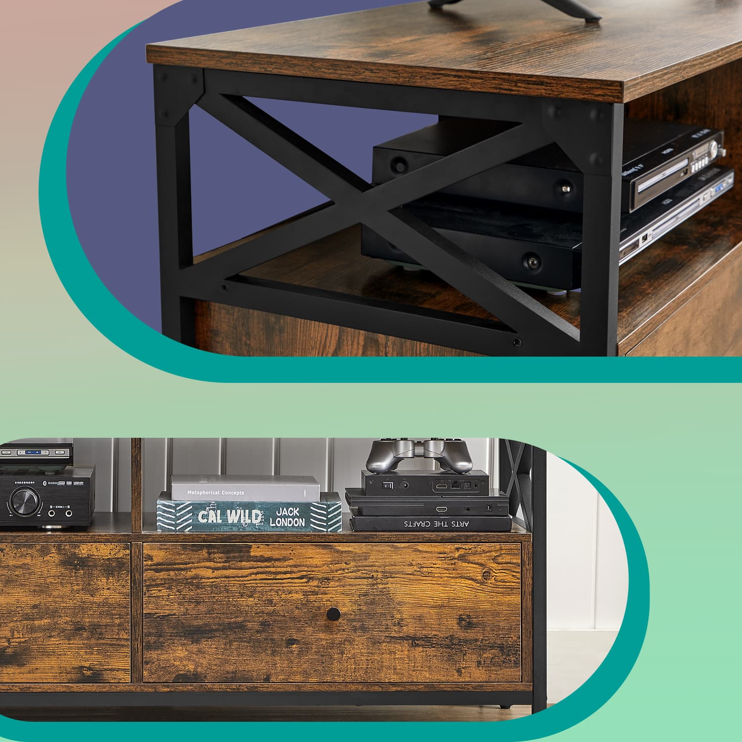 Televizoriaus staliukas 120 cm pločio, industrinio stiliaus, su stalčiais 4 Televizoriaus staliukas 120 cm pločio, industrinio stiliaus, su stalčiais 4