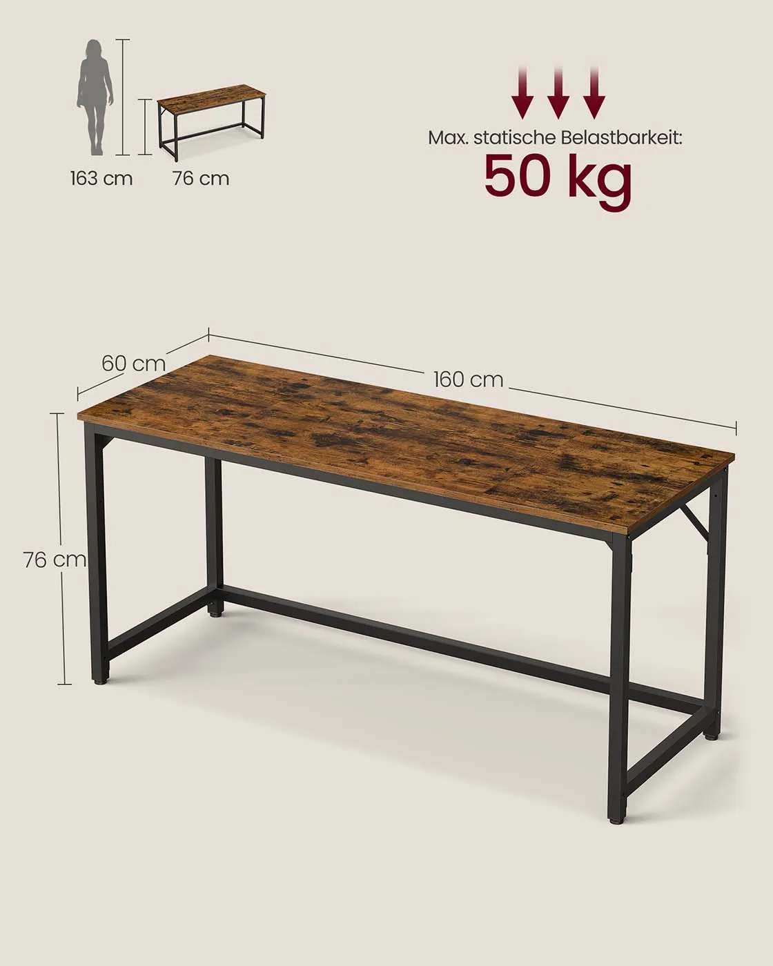 Talpus kompiuterio stalas namų biurui, industrinė ruda spalva, 60 × 160 cm Talpus kompiuterio stalas namų biurui, industrinė ruda spalva, 60 × 160 cm Akcija