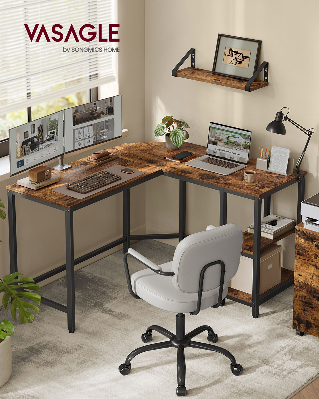 Kampinis rašomasis stalas 120 x 130 x 76 cm su 2 lentynomis, rudos–juodos spalvos 2 Kampinis rašomasis stalas 120 x 130 x 76 cm su 2 lentynomis, rudos–juodos spalvos 2