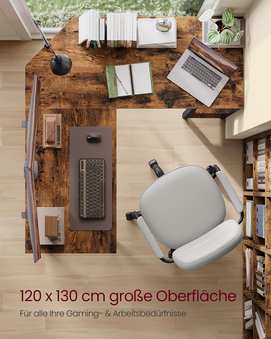 Kampinis rašomasis stalas 120 x 130 x 76 cm su 2 lentynomis, rudos–juodos spalvos 3 Kampinis rašomasis stalas 120 x 130 x 76 cm su 2 lentynomis, rudos–juodos spalvos 3