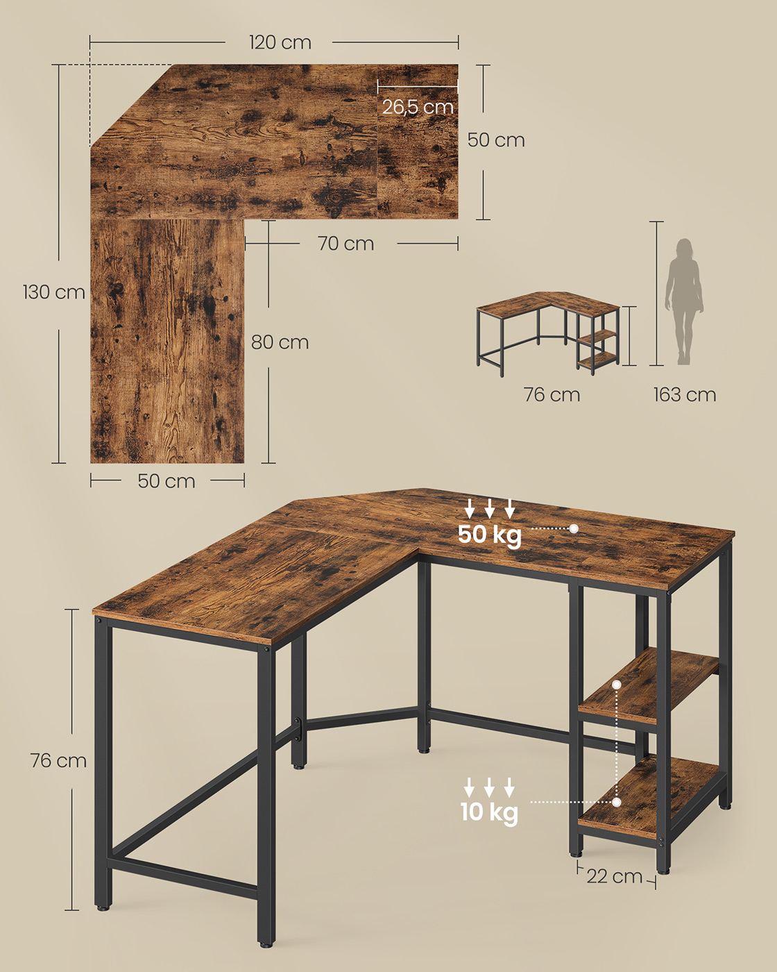 Kampinis rašomasis stalas 120 x 130 x 76 cm su 2 lentynomis, rudos–juodos spalvos 7 Kampinis rašomasis stalas 120 x 130 x 76 cm su 2 lentynomis, rudos–juodos spalvos 7