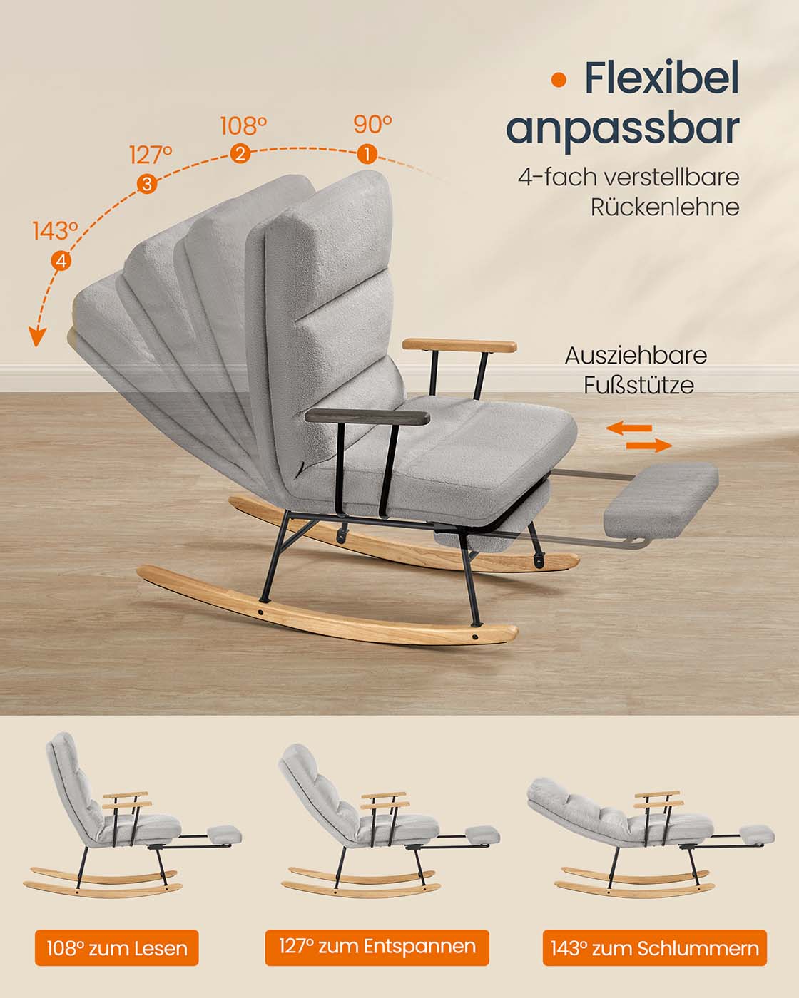 Reguliuojama supamoji kėdė su atrama kojoms, pilkos spalvos 3 Reguliuojama supamoji kėdė su atrama kojoms, pilkos spalvos 3