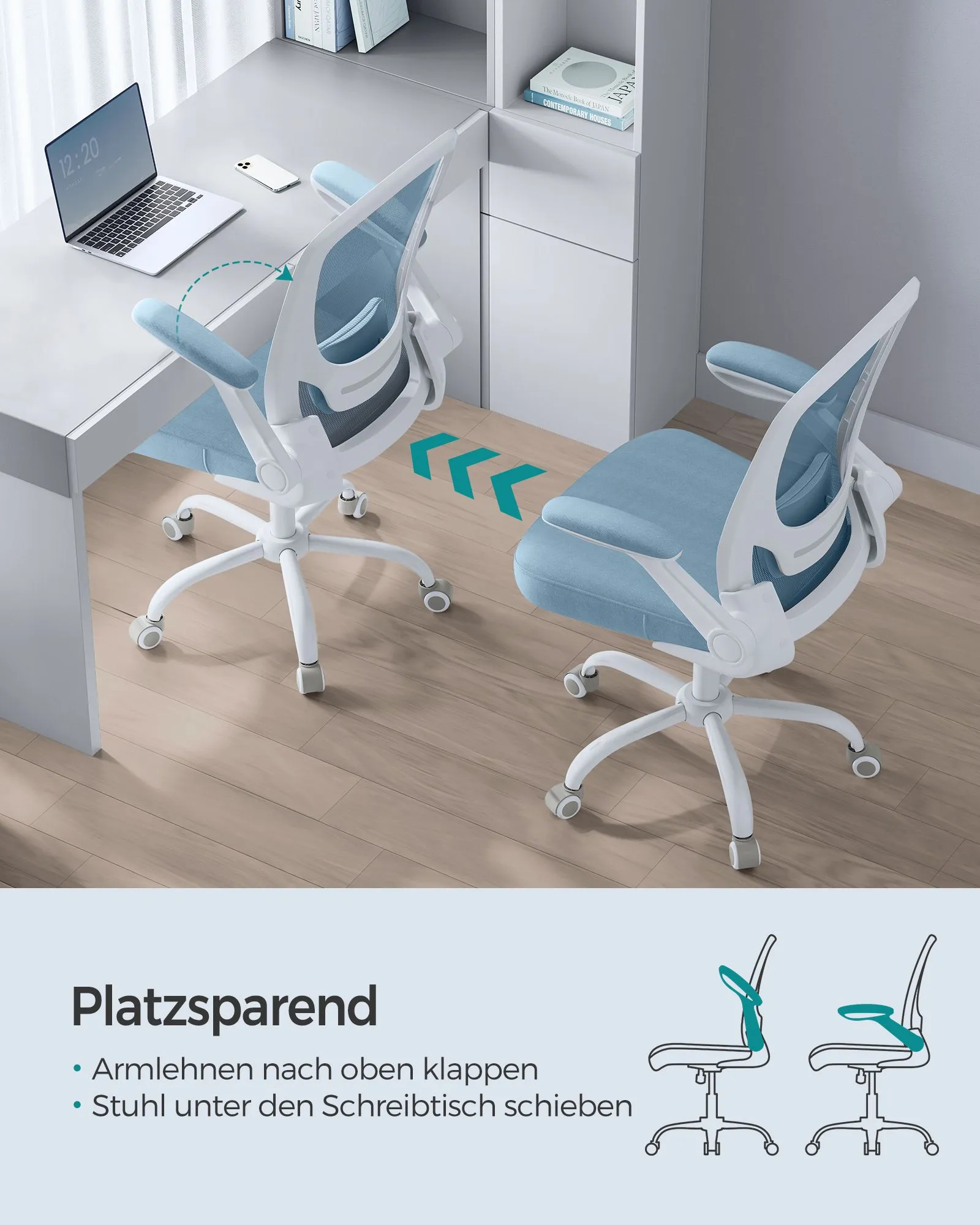 Ergonomiška biuro kėdė su tinkleliu ir sulankstomais porankiais, mėlyna Ergonomiška biuro kėdė su tinkleliu ir sulankstomais porankiais, mėlyna Akcija