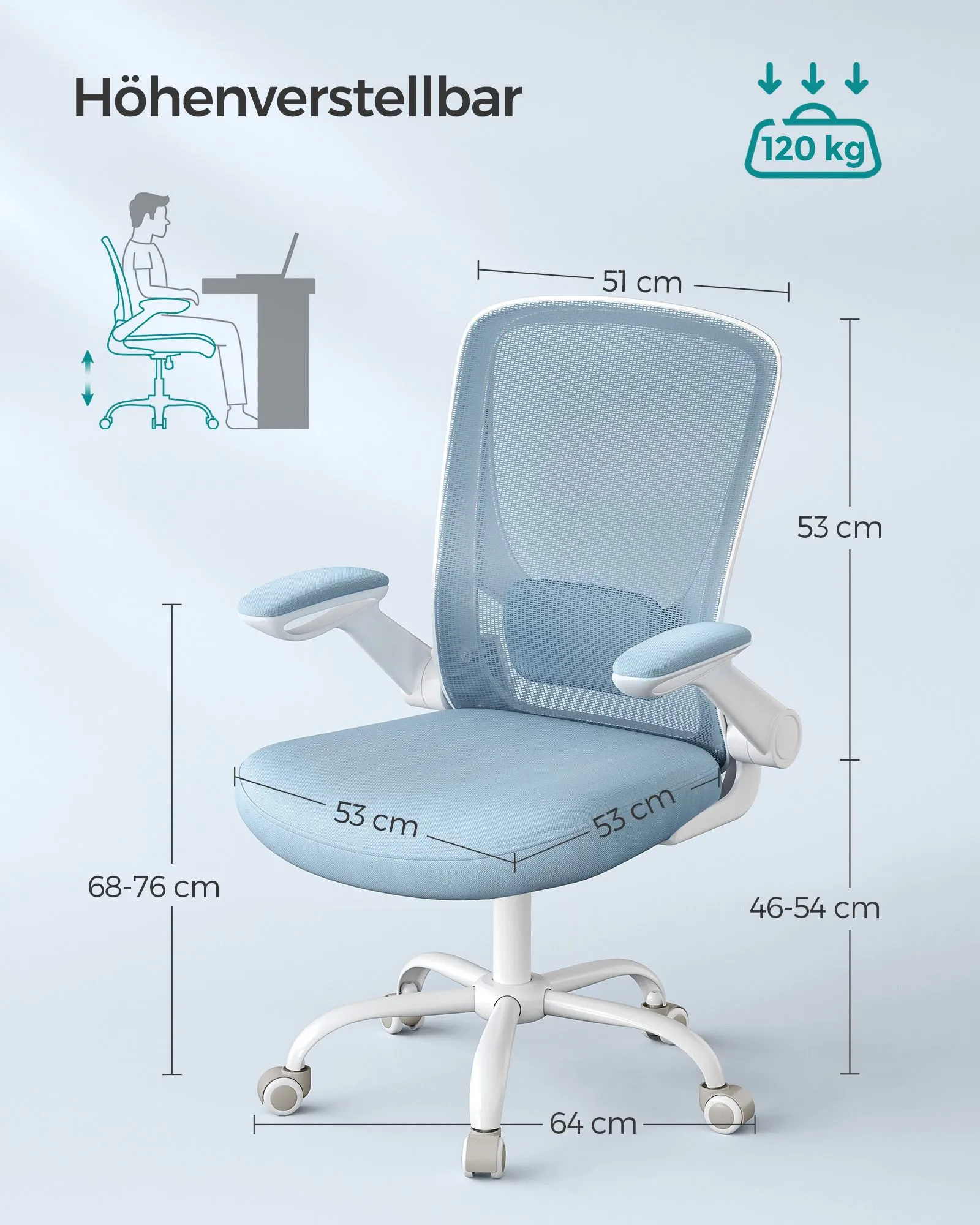 Ergonomiška biuro kėdė su tinkleliu ir sulankstomais porankiais, mėlyna Ergonomiška biuro kėdė su tinkleliu ir sulankstomais porankiais, mėlyna Akcija