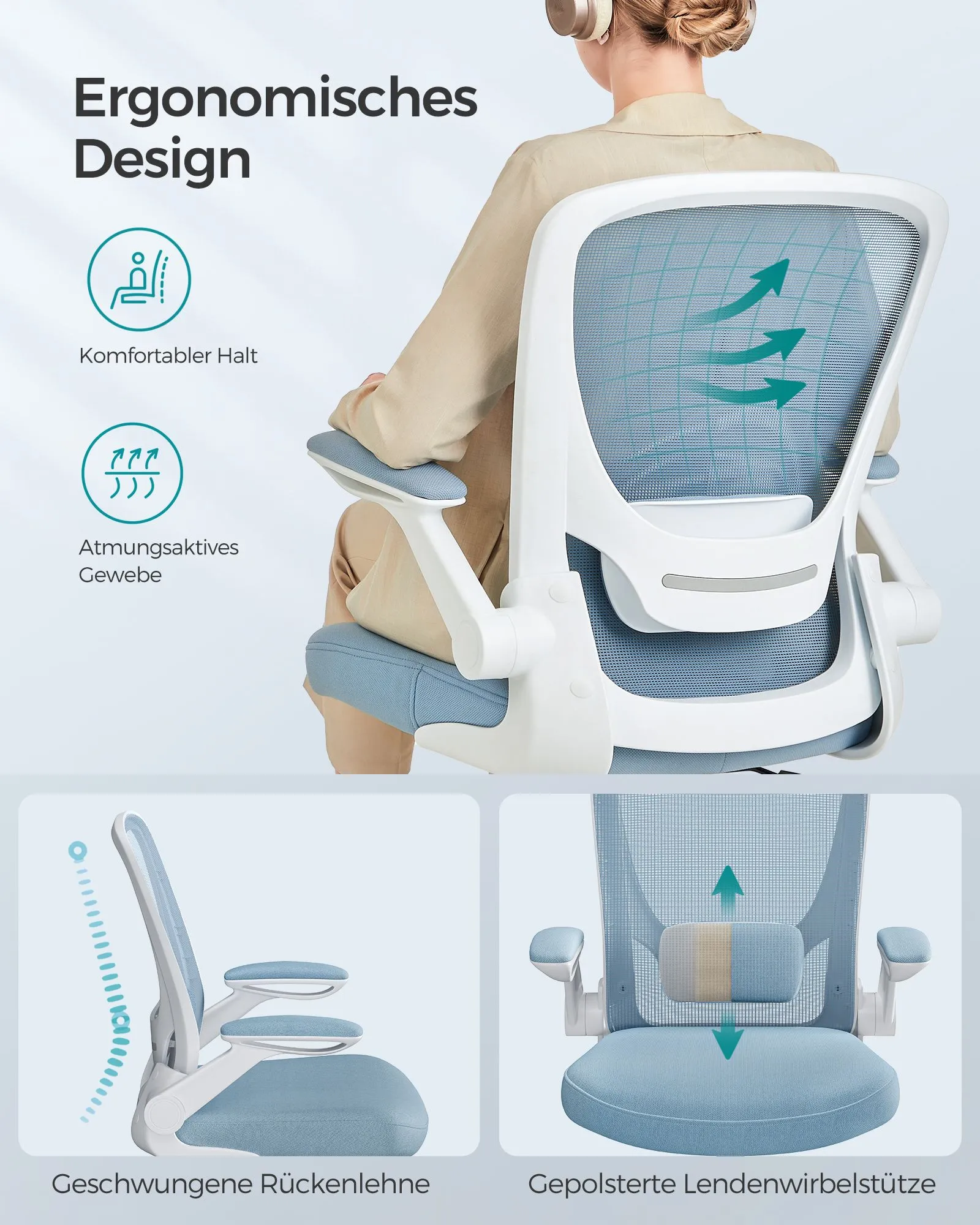 Ergonomiška biuro kėdė su tinkleliu ir sulankstomais porankiais, mėlyna Ergonomiška biuro kėdė su tinkleliu ir sulankstomais porankiais, mėlyna Akcija