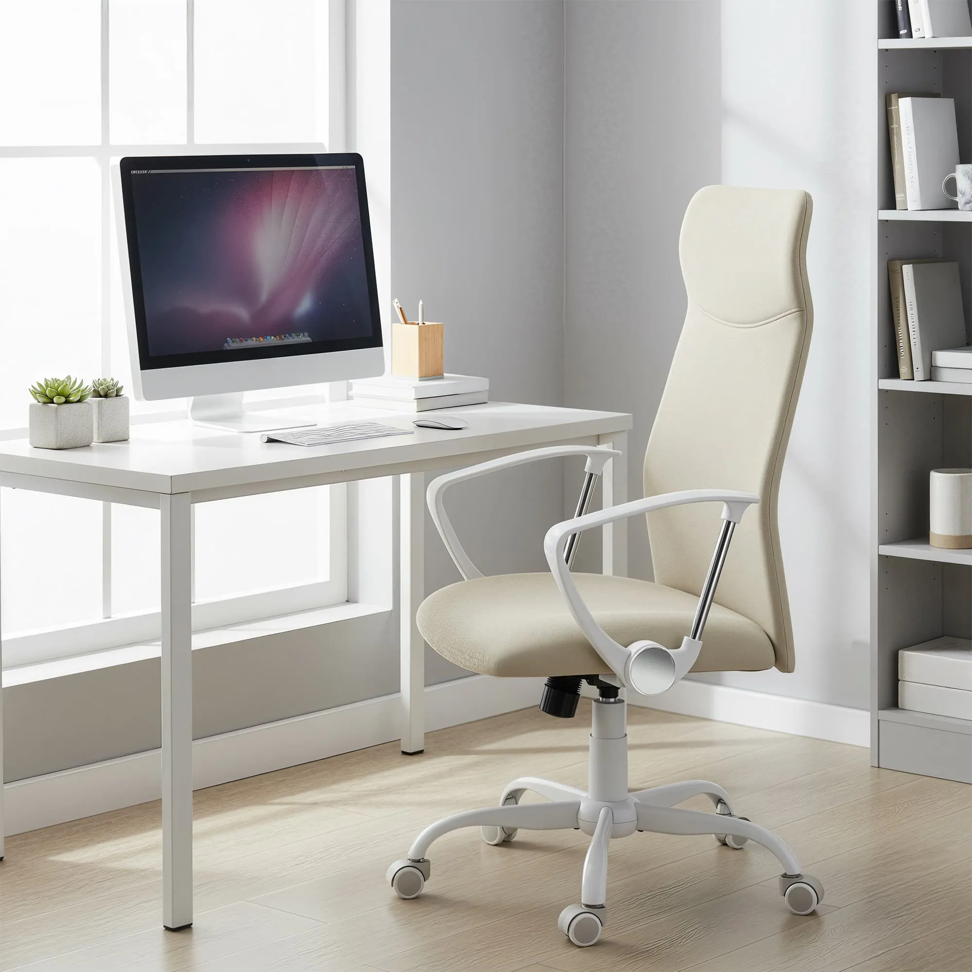Biuro kėdė, reguliuojama ergonomiška ir pasukama, kreminės spalvos Biuro kėdė, reguliuojama ergonomiška ir pasukama, kreminės spalvos Akcija