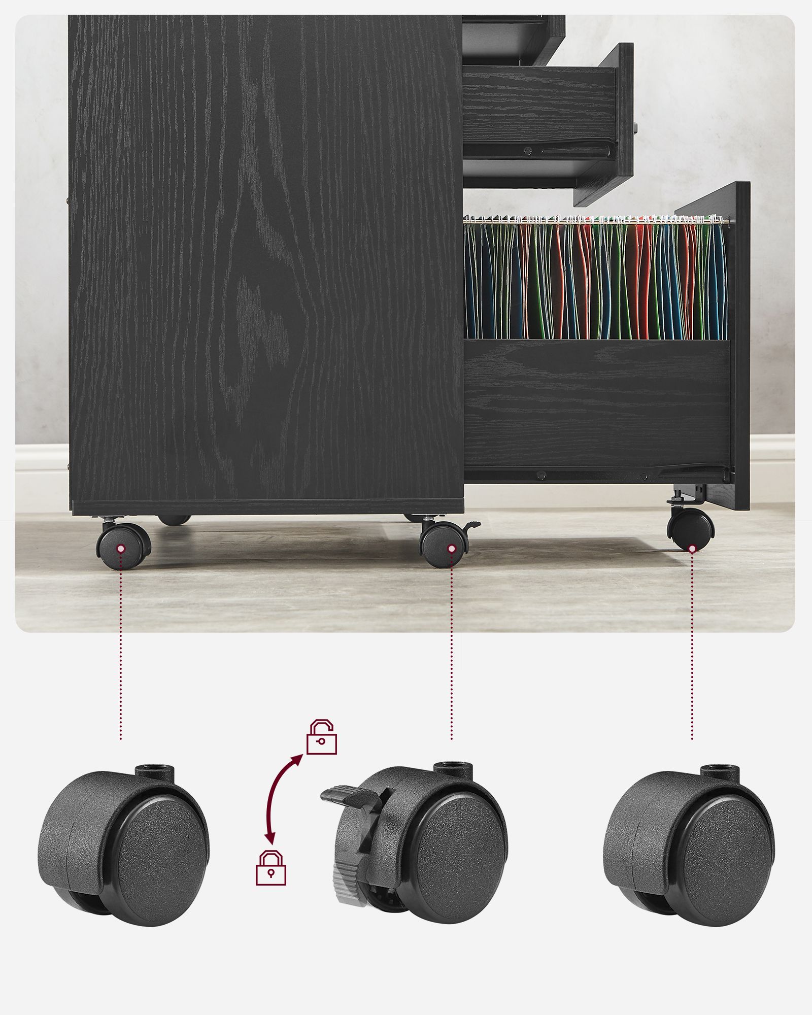 Juoda spintelė su 3 stalčiais, lentyna ir ratukais 7 Juoda spintelė su 3 stalčiais, lentyna ir ratukais 7