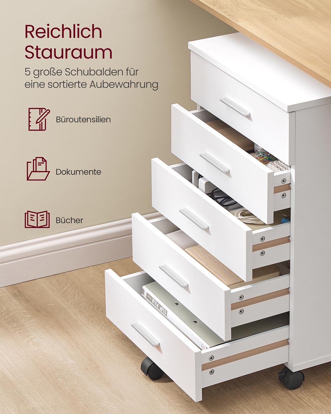 Mobili dokumentų spintelė su penkiais stalčiais, balta 3 Mobili dokumentų spintelė su penkiais stalčiais, balta 3