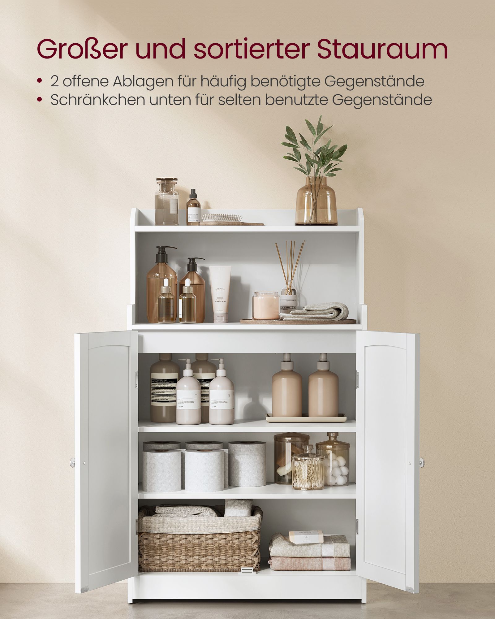 Vonios spintelė su durelėmis ir atvira lentyna, balta 3 Vonios spintelė su durelėmis ir atvira lentyna, balta 3