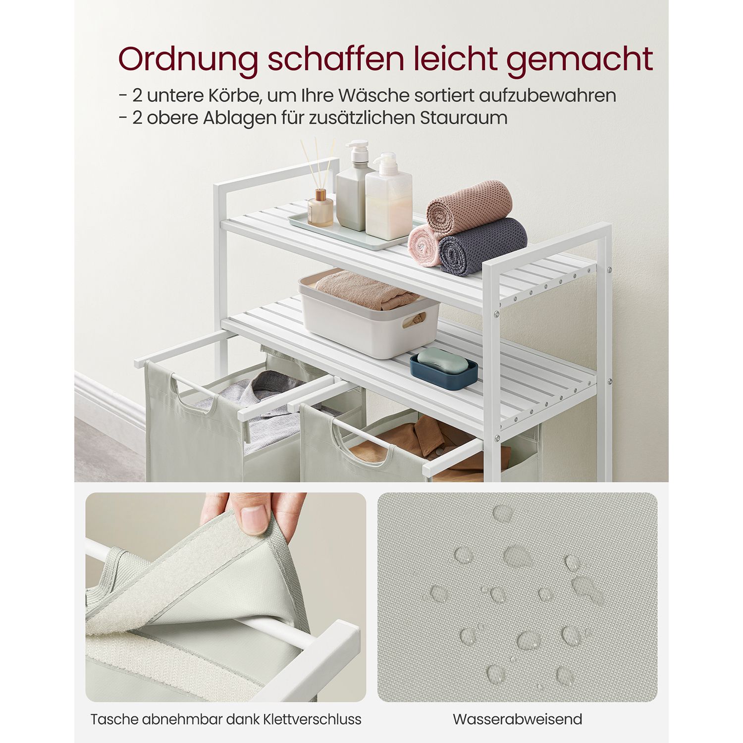 Vonios lentyna su 2 skalbinių krepšiais, baltos spalvos 4 Vonios lentyna su 2 skalbinių krepšiais, baltos spalvos 4