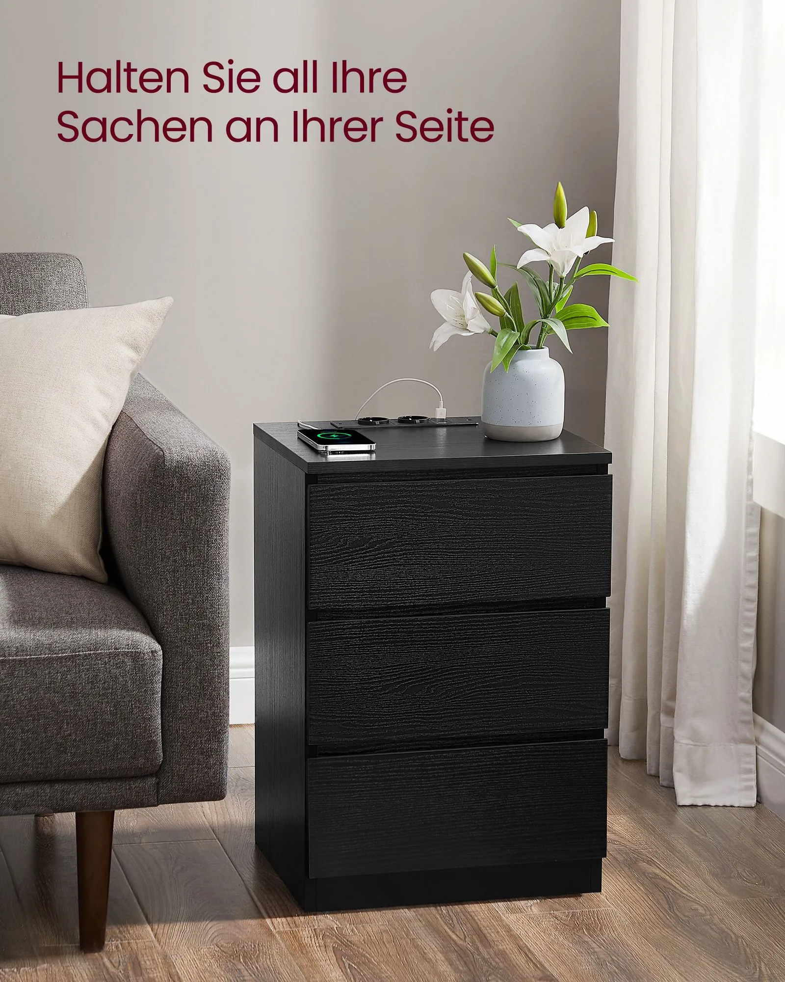 Naktinė spintelė, 3 stalčių, moderni, juoda Naktinė spintelė, 3 stalčių, moderni, juoda Akcija
