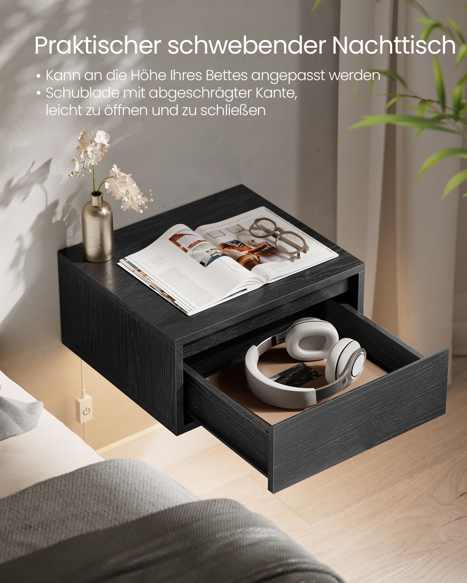 Pakabinamos naktinės spintelės, 2 vnt. komplektas, juodos spalvos 3 Pakabinamos naktinės spintelės, 2 vnt. komplektas, juodos spalvos 3