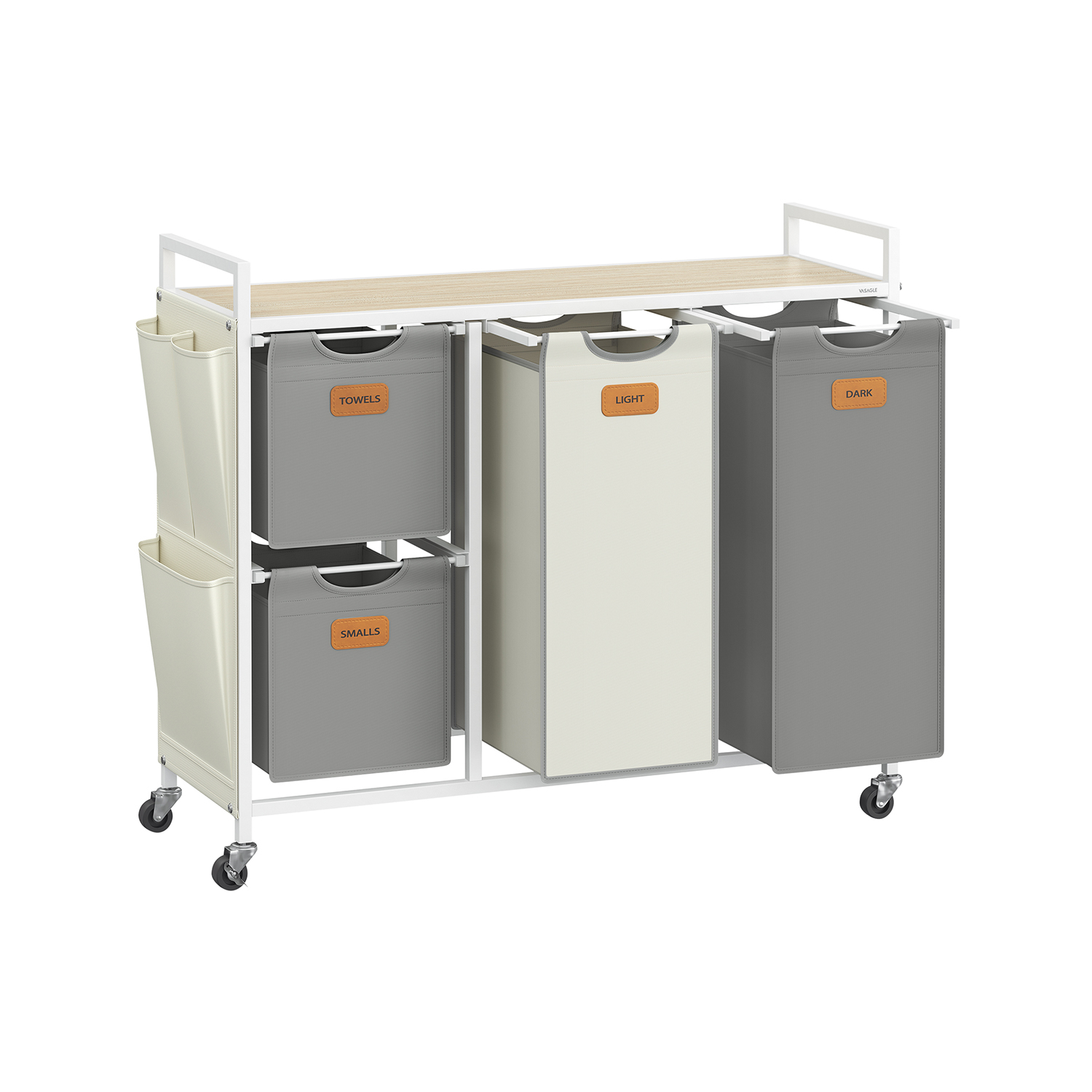 Vonios lentyna su ratukais ir 4 skalbinių krepšiais, kreminės–baltos–pilkos spalvos Vonios lentyna su ratukais ir 4 skalbinių krepšiais, kreminės–baltos–pilkos spalvos