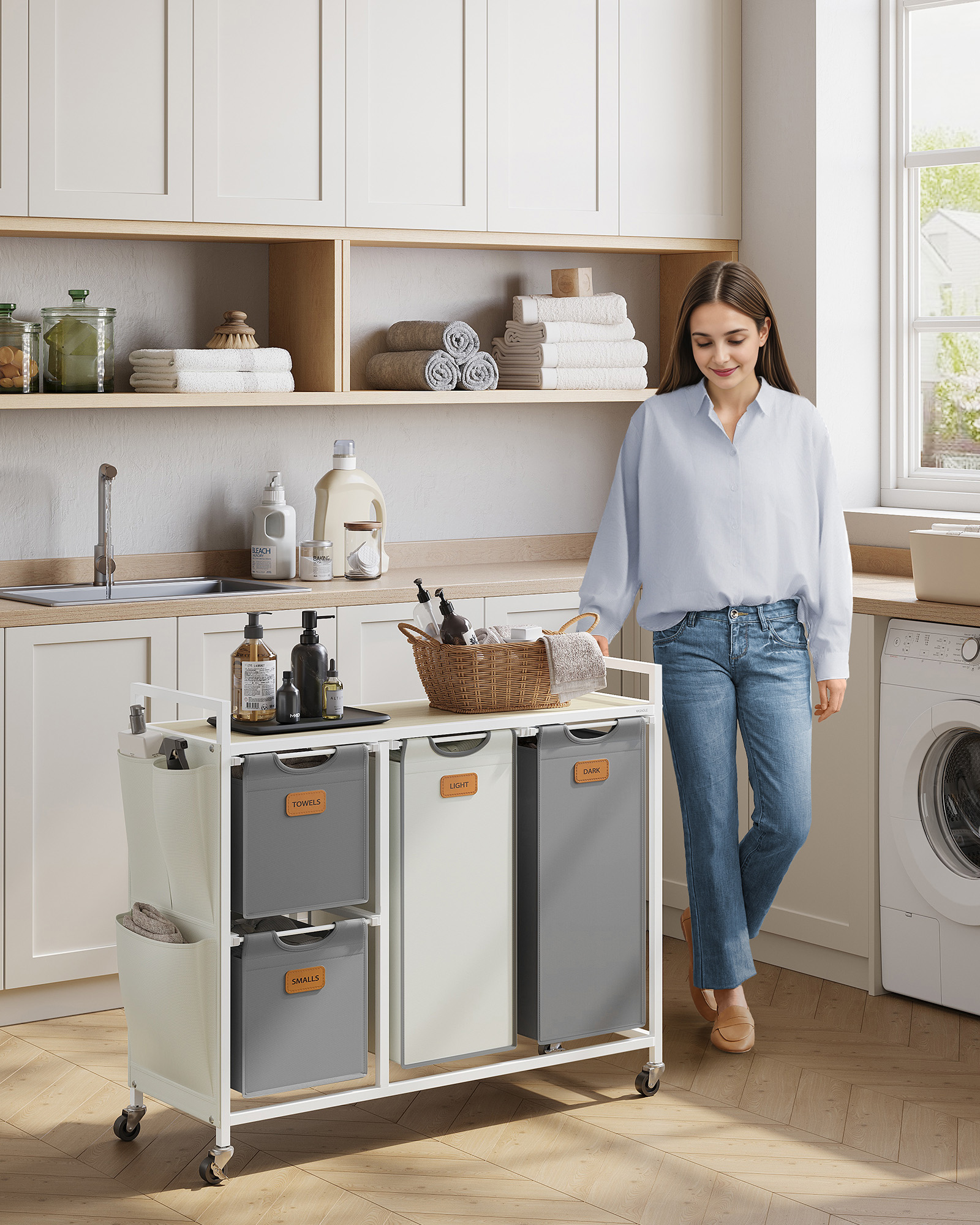 Vonios lentyna su ratukais ir 4 skalbinių krepšiais, kreminės–baltos–pilkos spalvos 2 Vonios lentyna su ratukais ir 4 skalbinių krepšiais, kreminės–baltos–pilkos spalvos 2