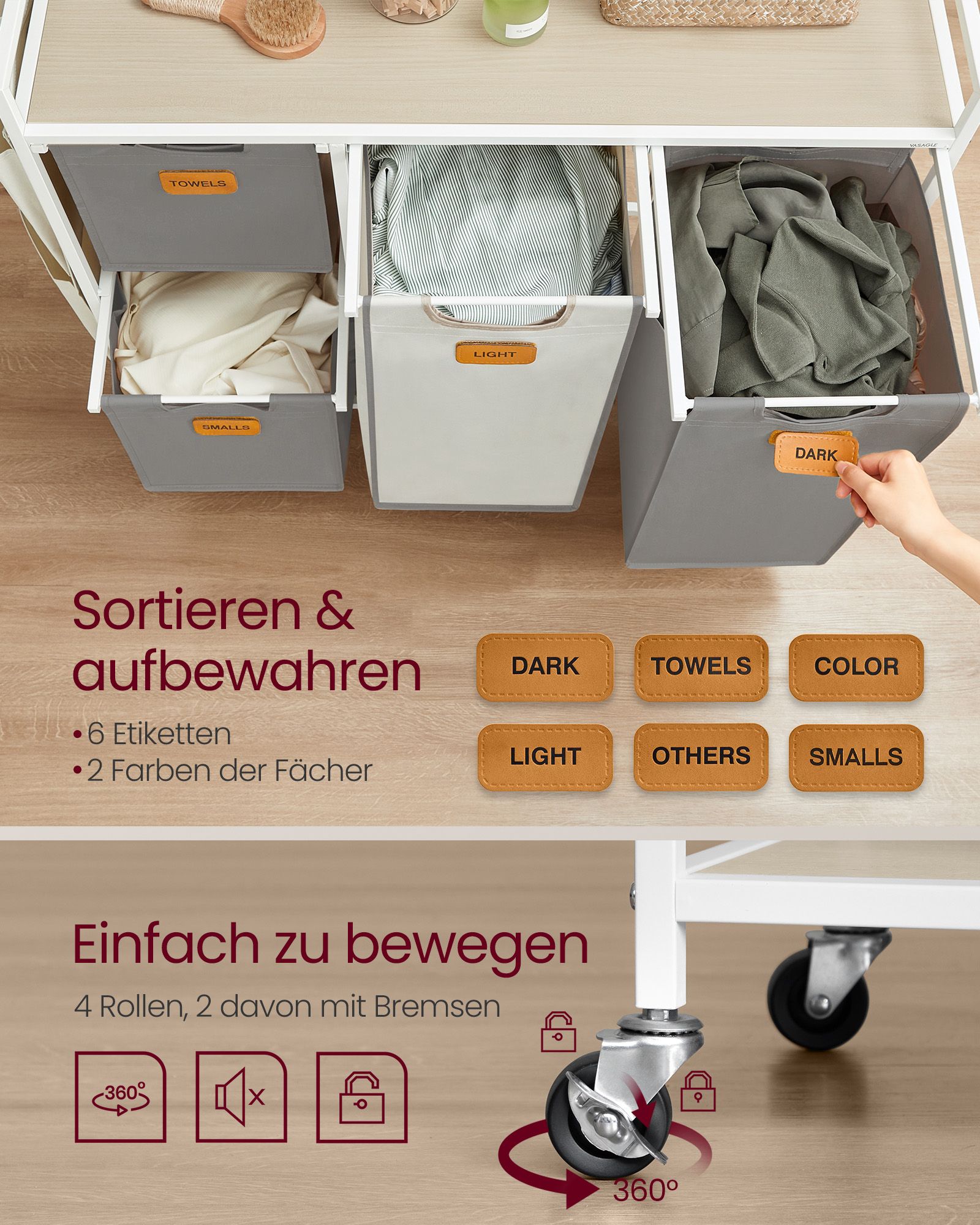 Vonios lentyna su ratukais ir 4 skalbinių krepšiais, kreminės–baltos–pilkos spalvos 4 Vonios lentyna su ratukais ir 4 skalbinių krepšiais, kreminės–baltos–pilkos spalvos 4