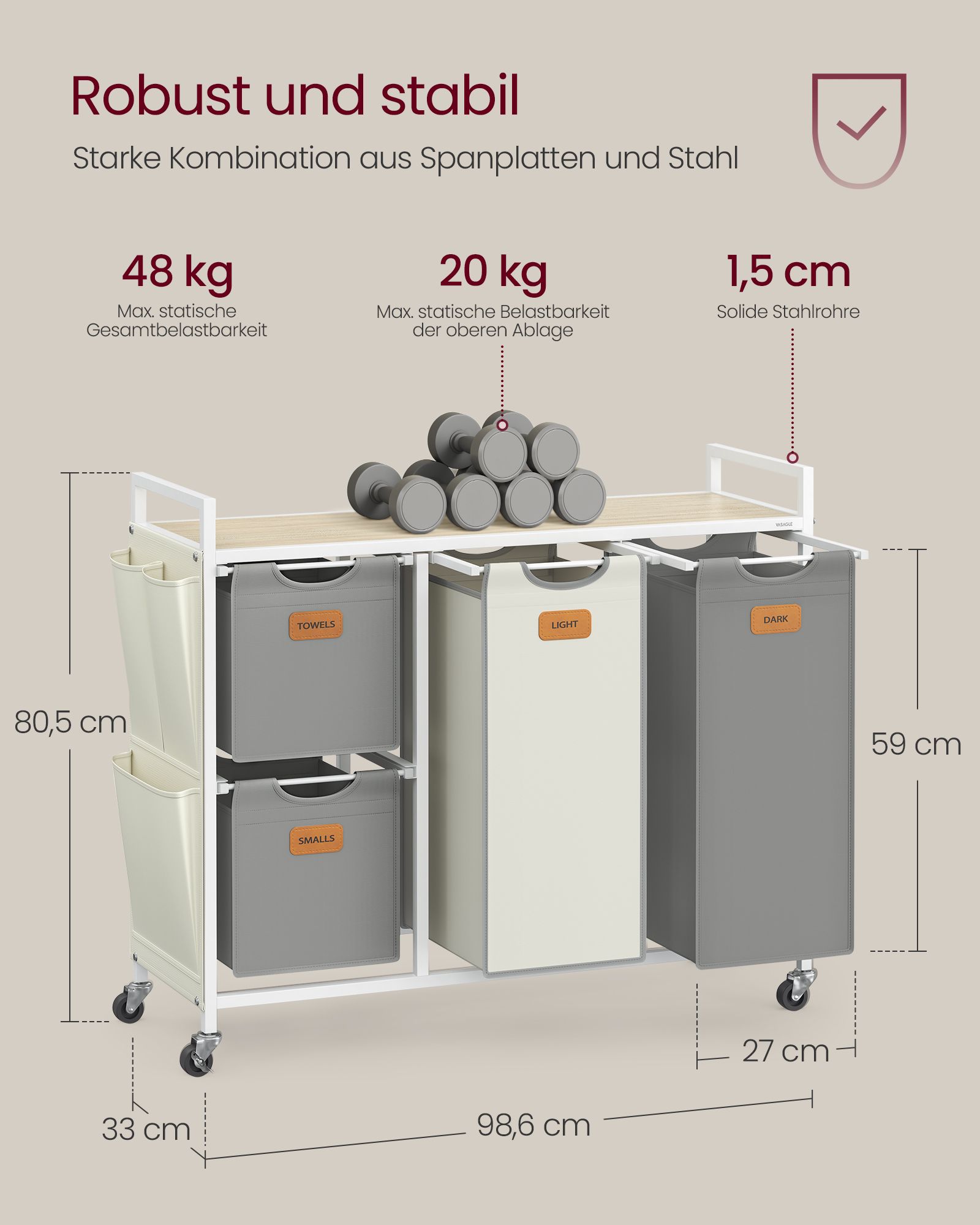 Vonios lentyna su ratukais ir 4 skalbinių krepšiais, kreminės–baltos–pilkos spalvos 6 Vonios lentyna su ratukais ir 4 skalbinių krepšiais, kreminės–baltos–pilkos spalvos 6